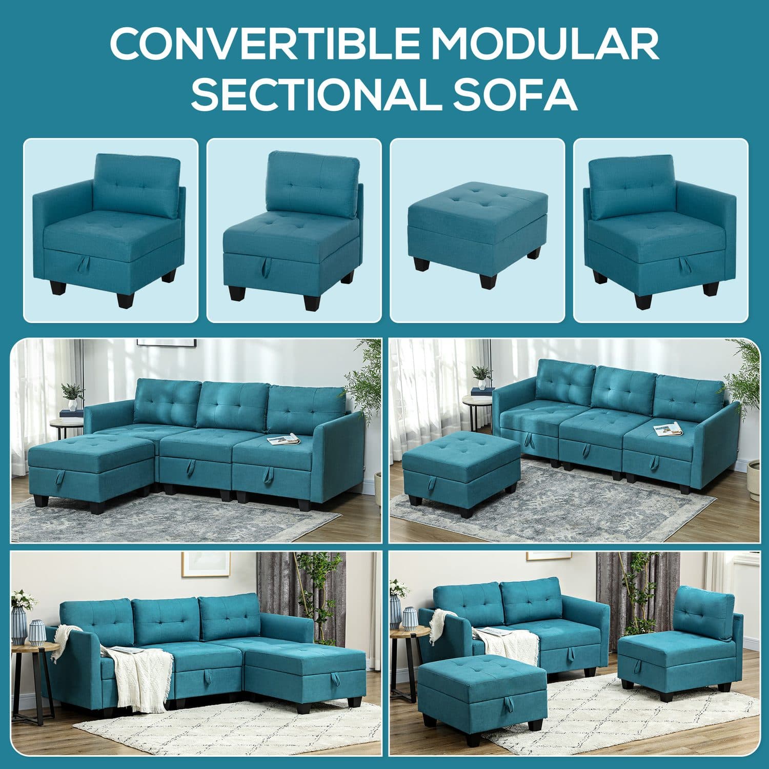 Modular Corner Sofa With Storage Drawers, Light Blue Fabric - image 2