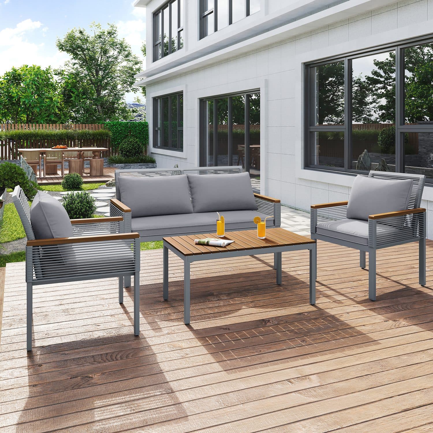 Grey 4-Piece Rattan Garden Lounge Set with Cushions - image 3