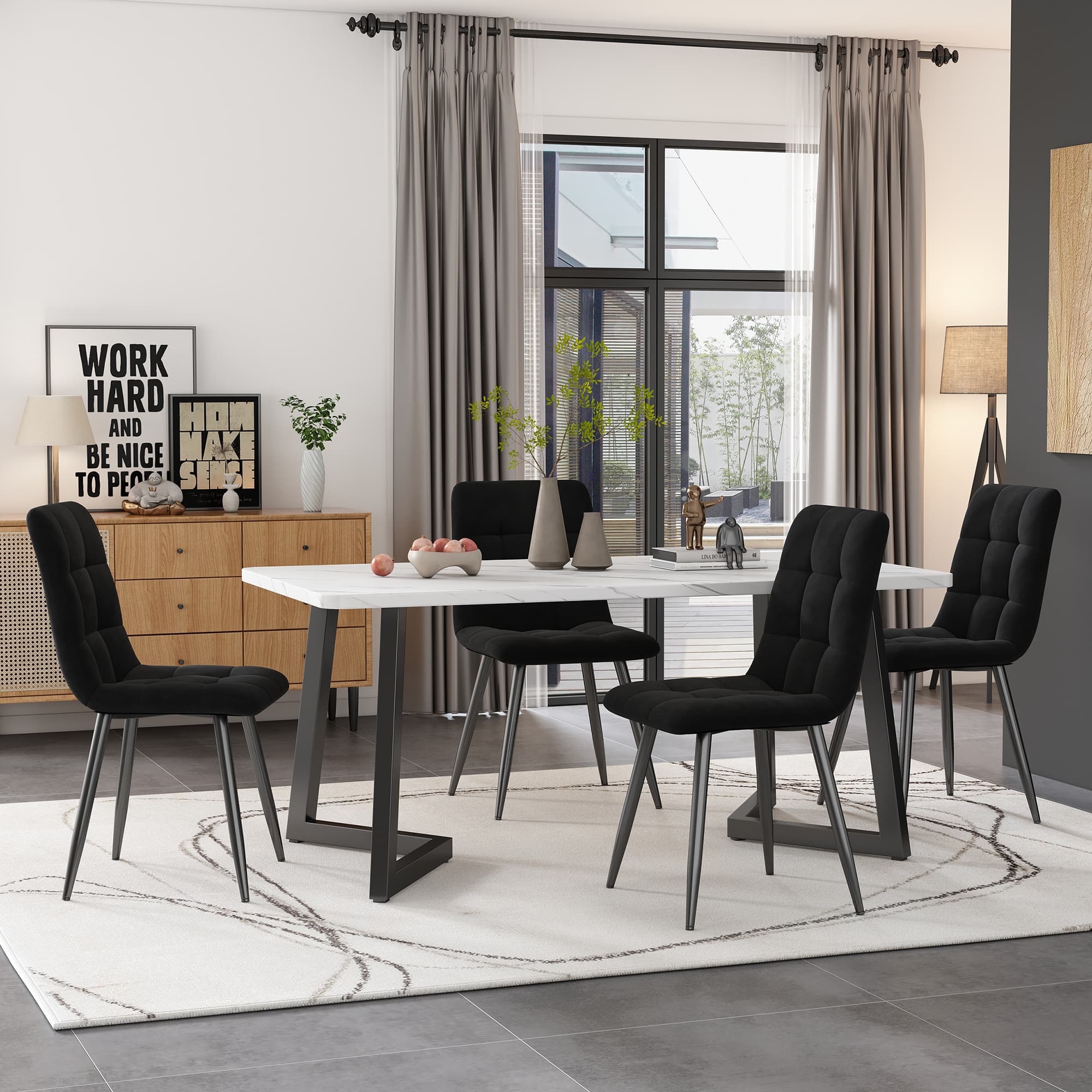 Modern Black Marble Effect Dining Table & Velvet Chairs