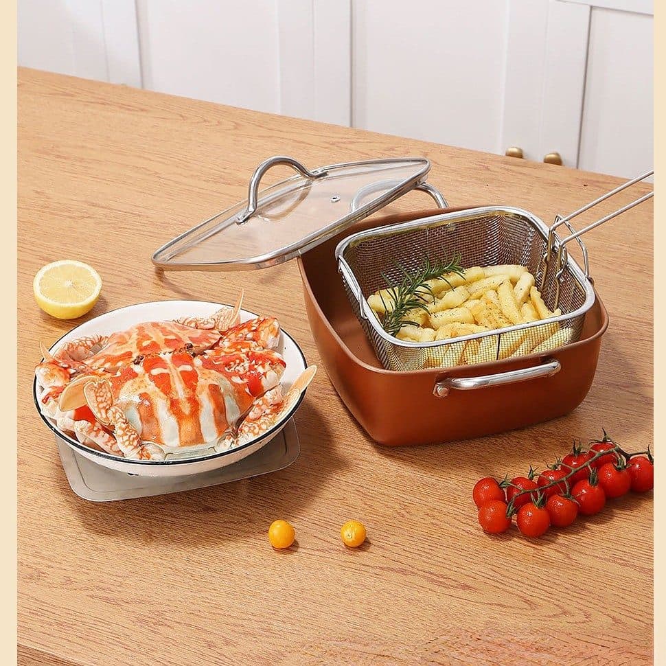 Square Copper Chip Pan with Frying Basket, Steamer Rack and Lid - image 1