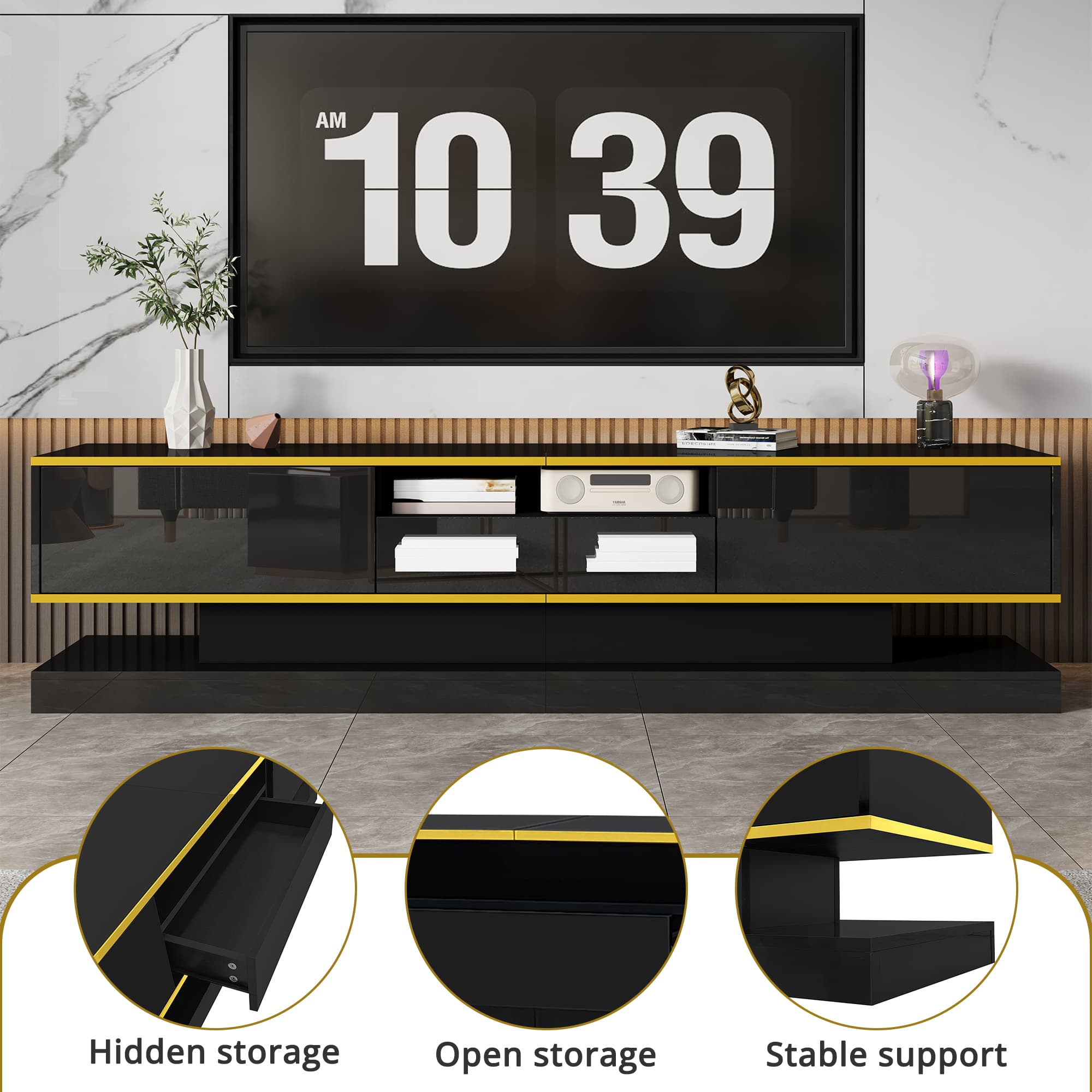 Black High Gloss TV Unit with Colour-Changing LEDs & 3 Drawers - image 2