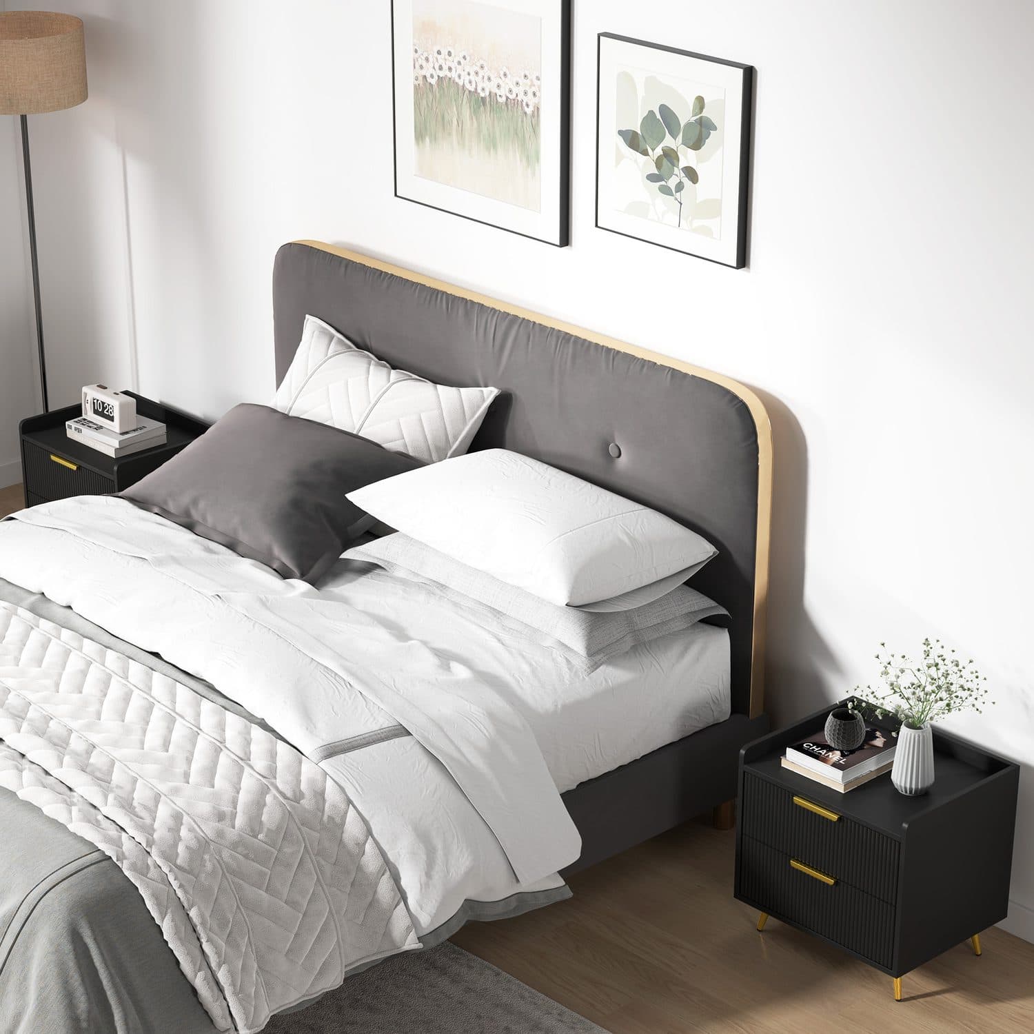 Black Two-Drawer Bedside Tables with Gold Accents - image 2