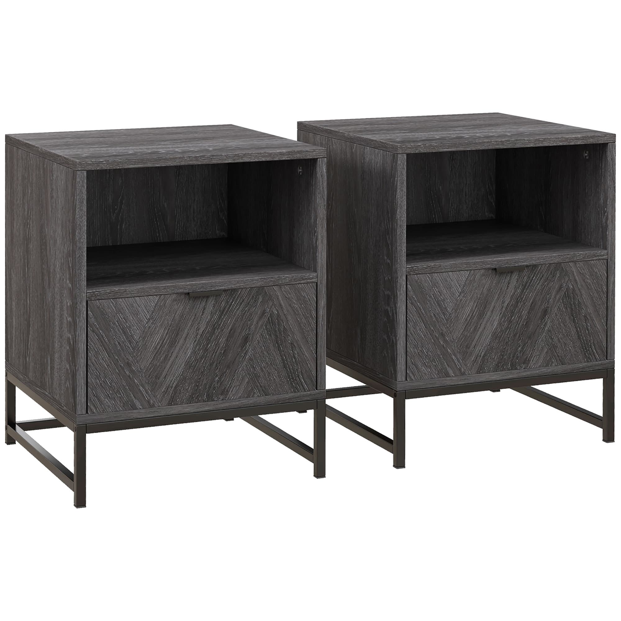 Dark Grey Bedside Tables with Open Shelf and Chevron Drawer