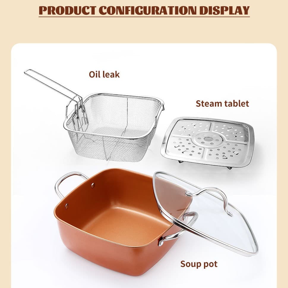 Square Copper Chip Pan with Frying Basket, Steamer Rack and Lid - image 10