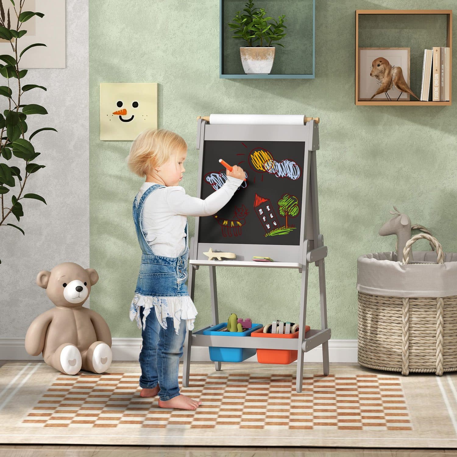 Grey Double-Sided Kids Art Easel With Chalkboard and Storage Bins - image 2