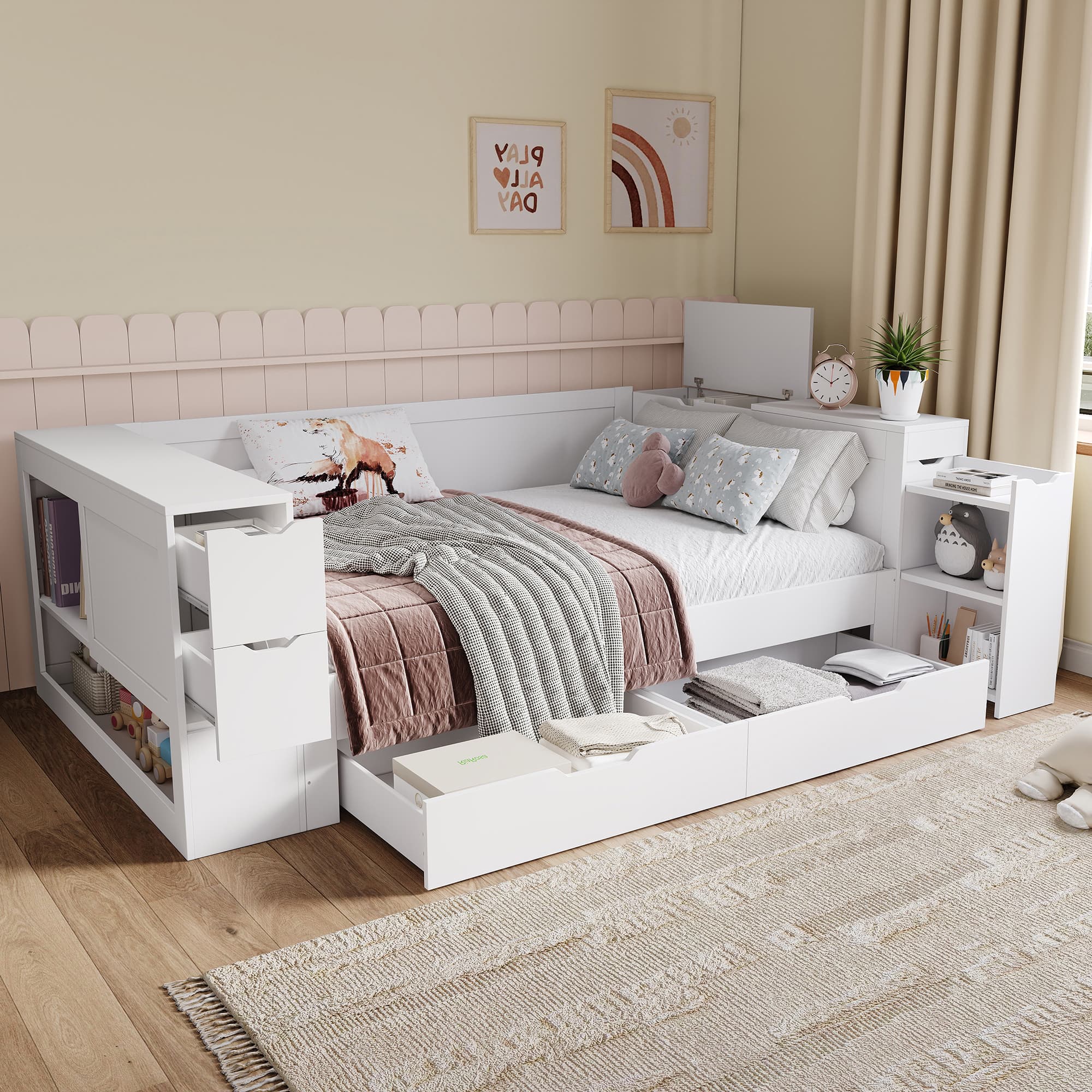 Children's White Storage Bed (135x190cm) with Drawers & Shelves - image 3