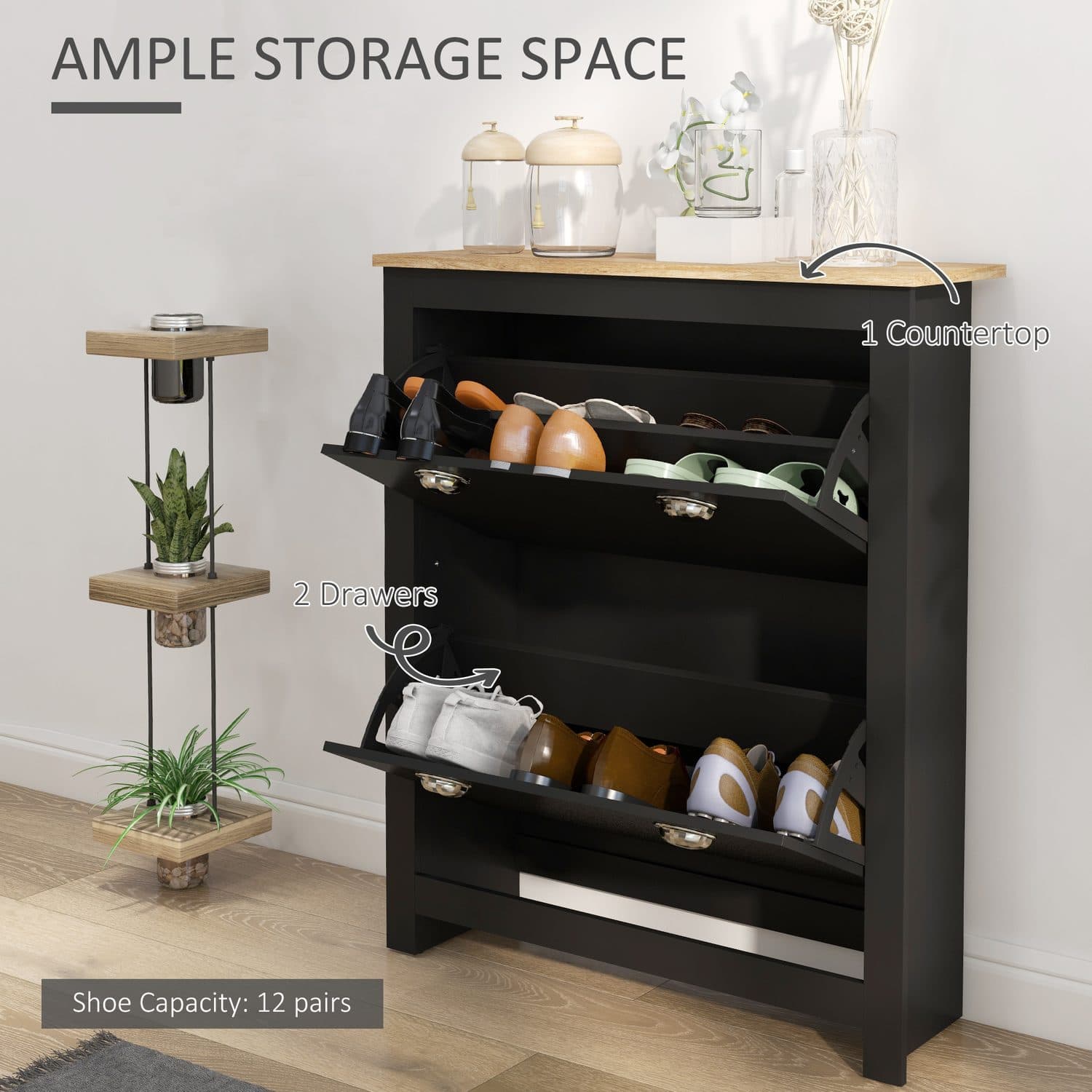 Slim Black Shoe Cabinet with Tipping Doors and Oak-Effect Top - image 2