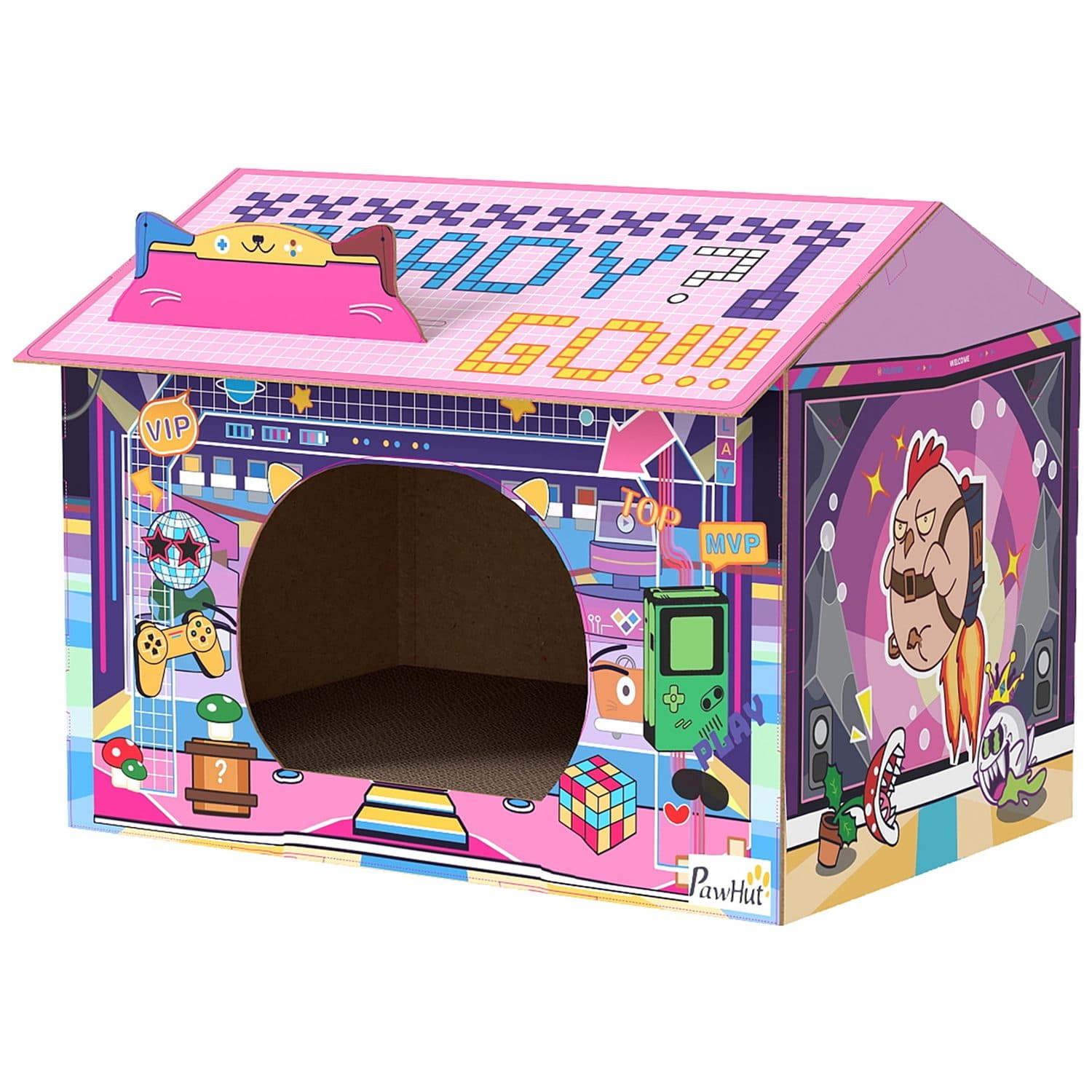 PawHut Gaming Style Cardboard Cat House With Scratching Board