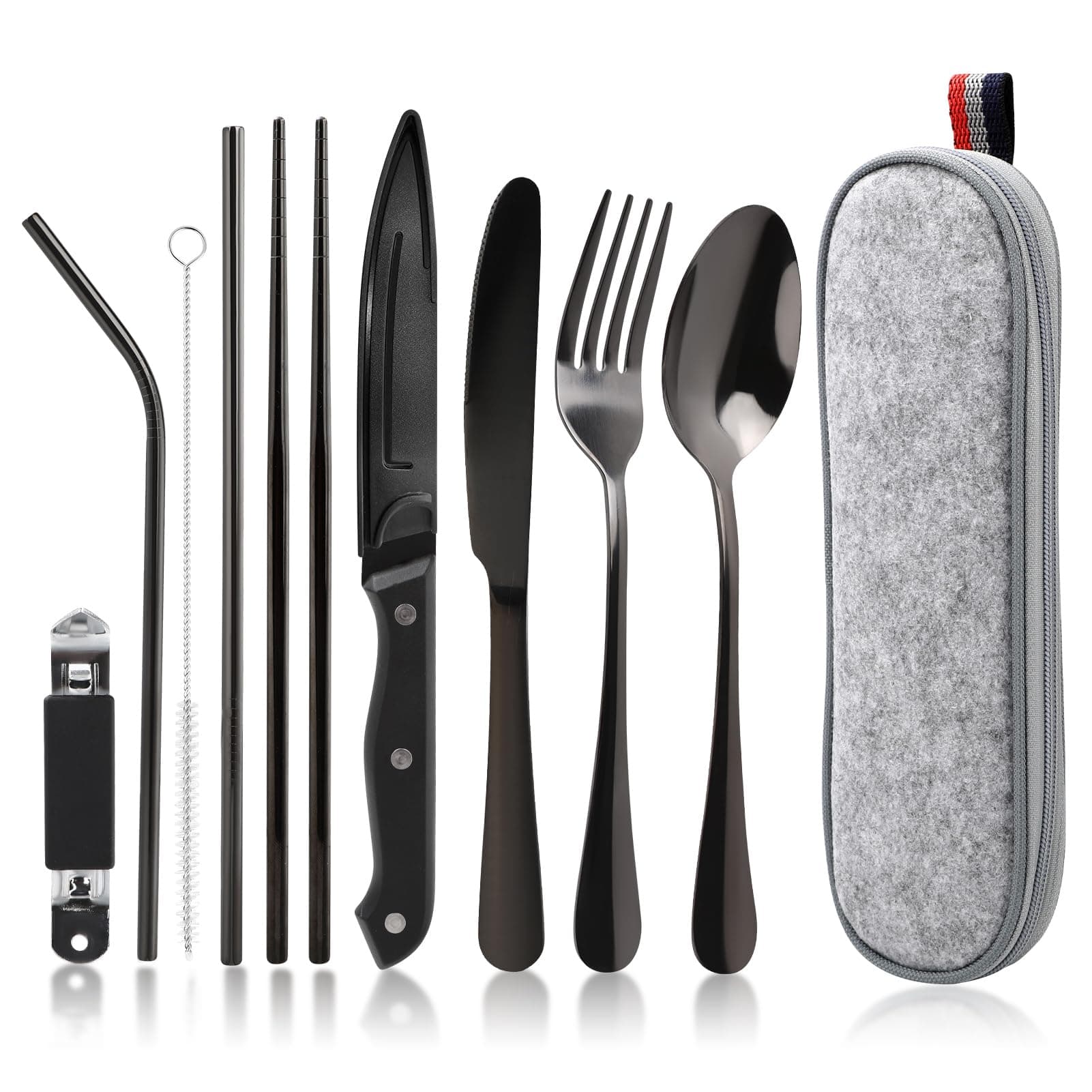 9-Piece Camping Cutlery Set in Black Stainless Steel with Felt Case - Default