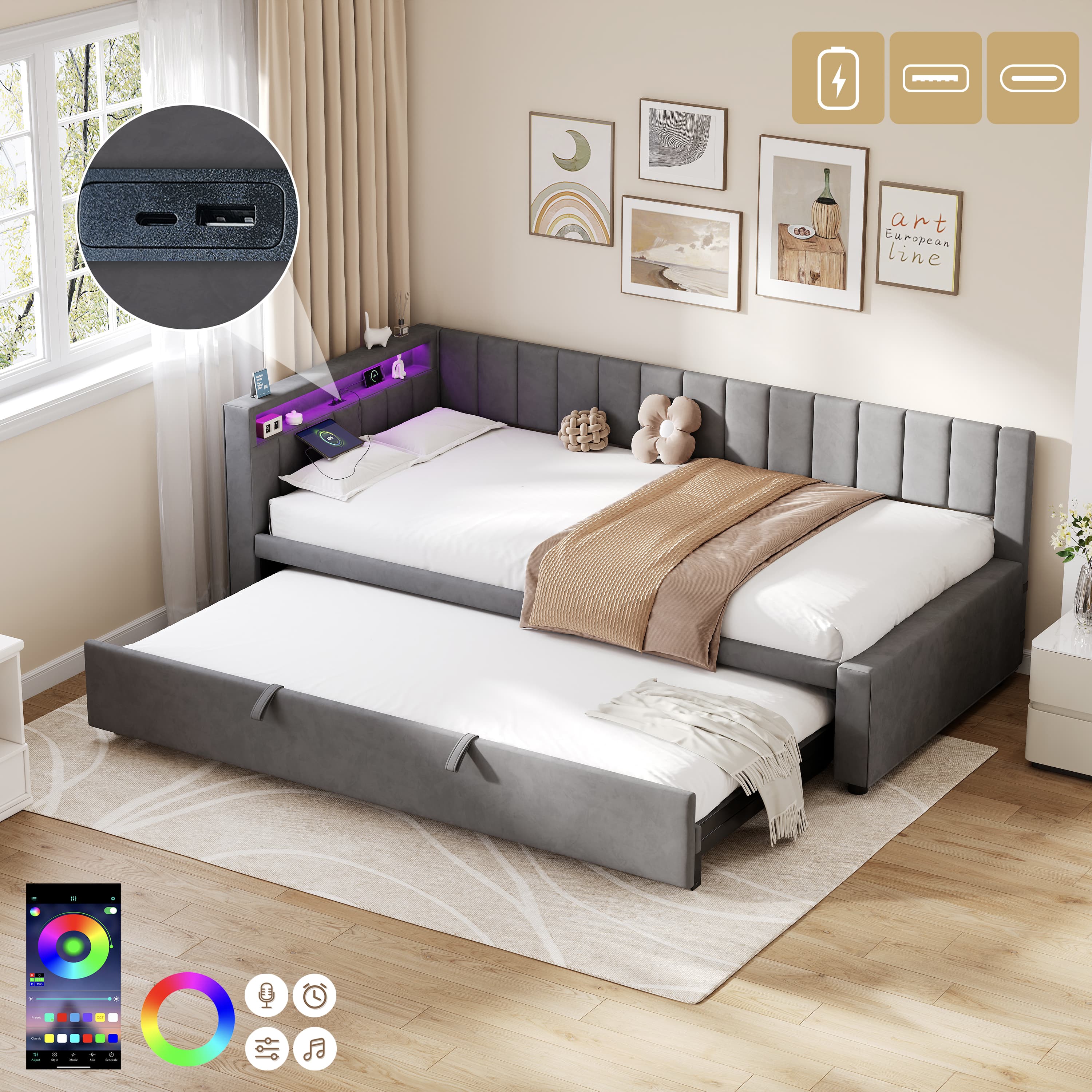 Velvet Daybed with Trundle, Lights & USB Port