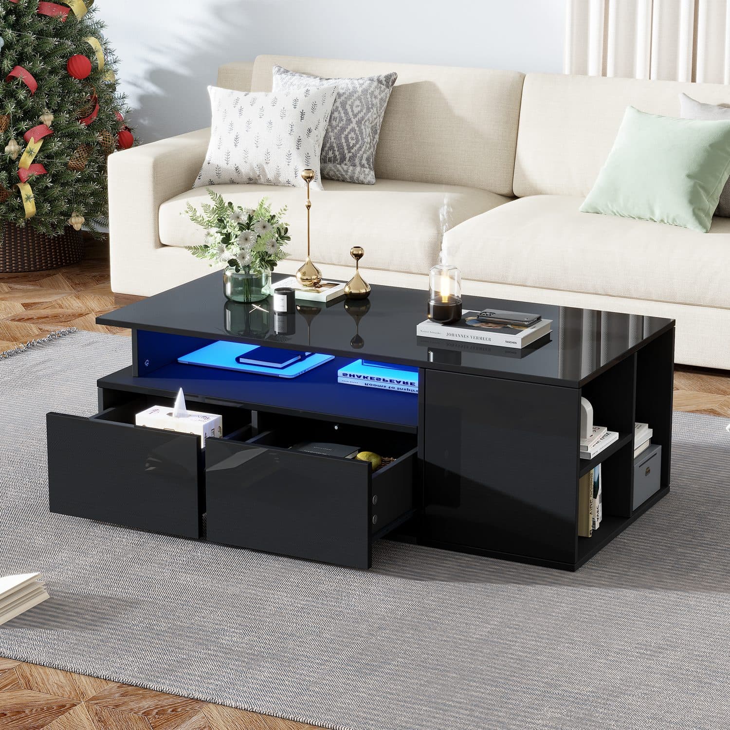 A glossy black coffee table with LED-lit storage - image 2
