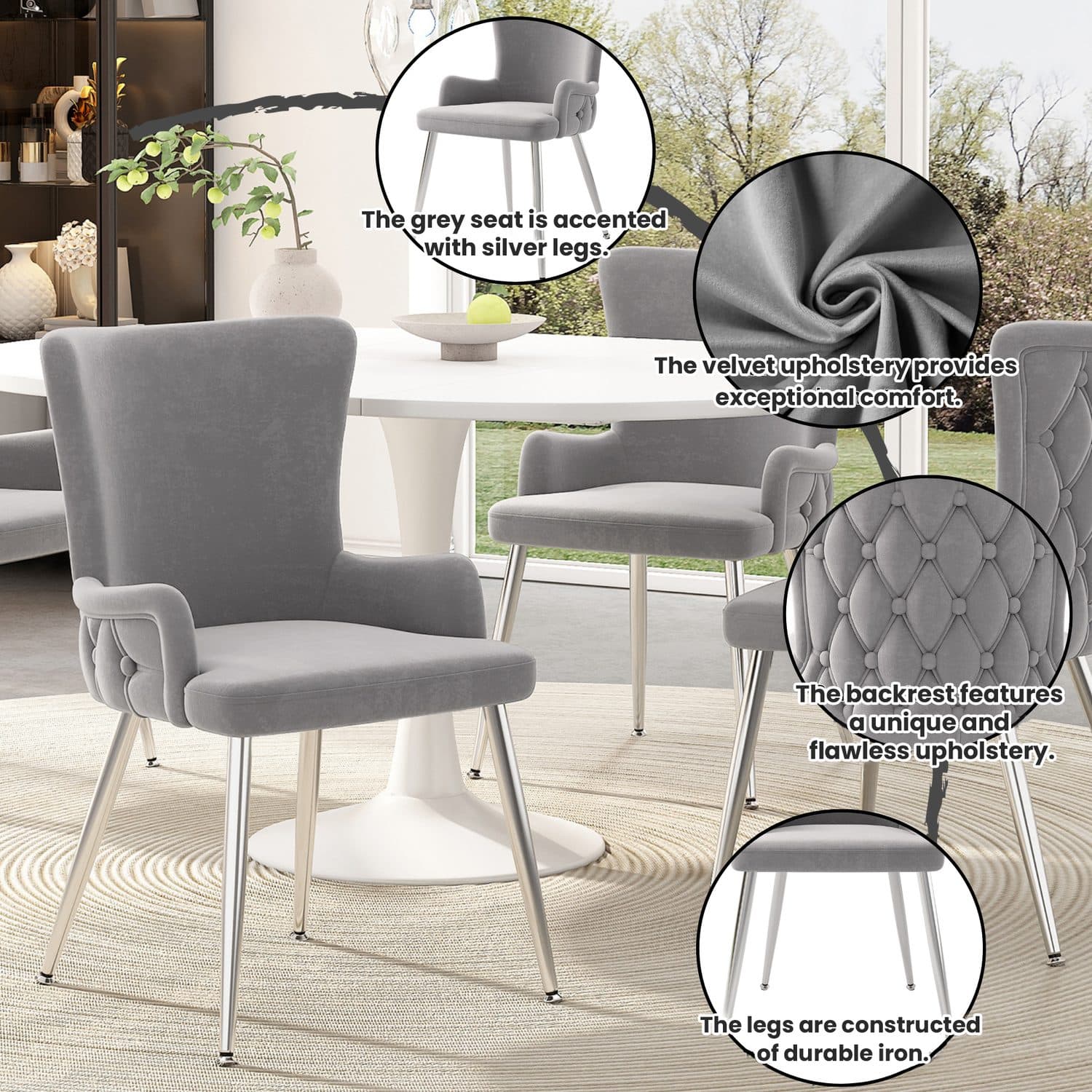 Grey Velvet Dining Chairs Set of 6 - image 5
