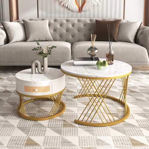 Set of 2 Round Nesting Coffee Tables with Gold Legs & Storage - WhiteGold