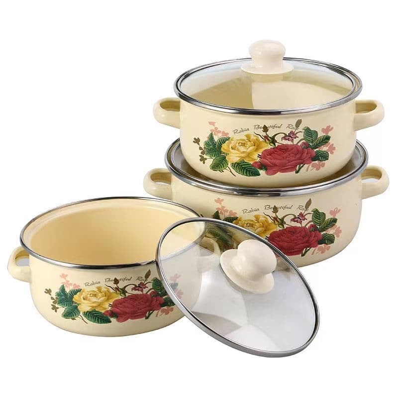Graduated Enamel Stockpot Set with Rose Floral Design - Default