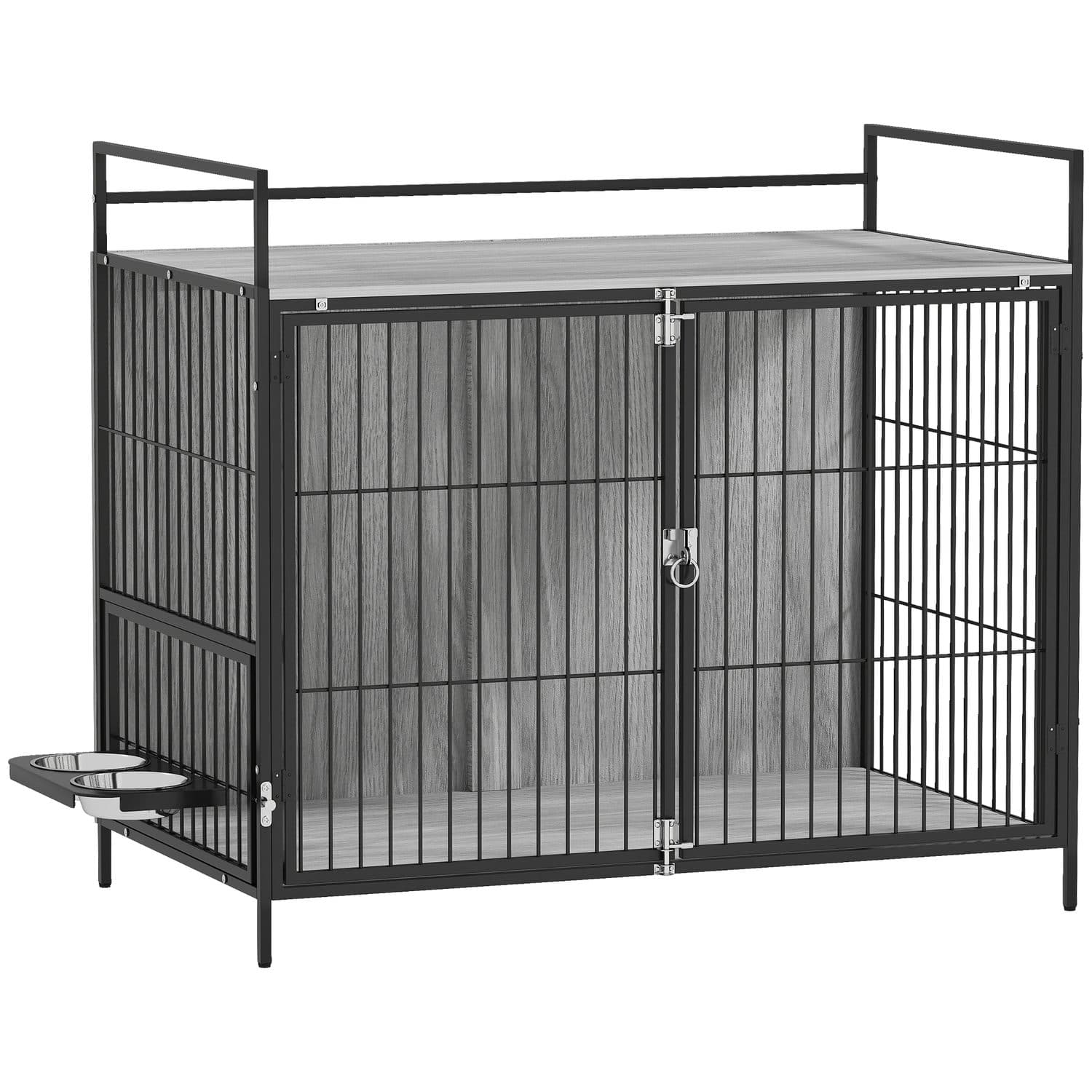 Large Dog Crate That Doubles as a Side Table with Built-In Bowl Stand