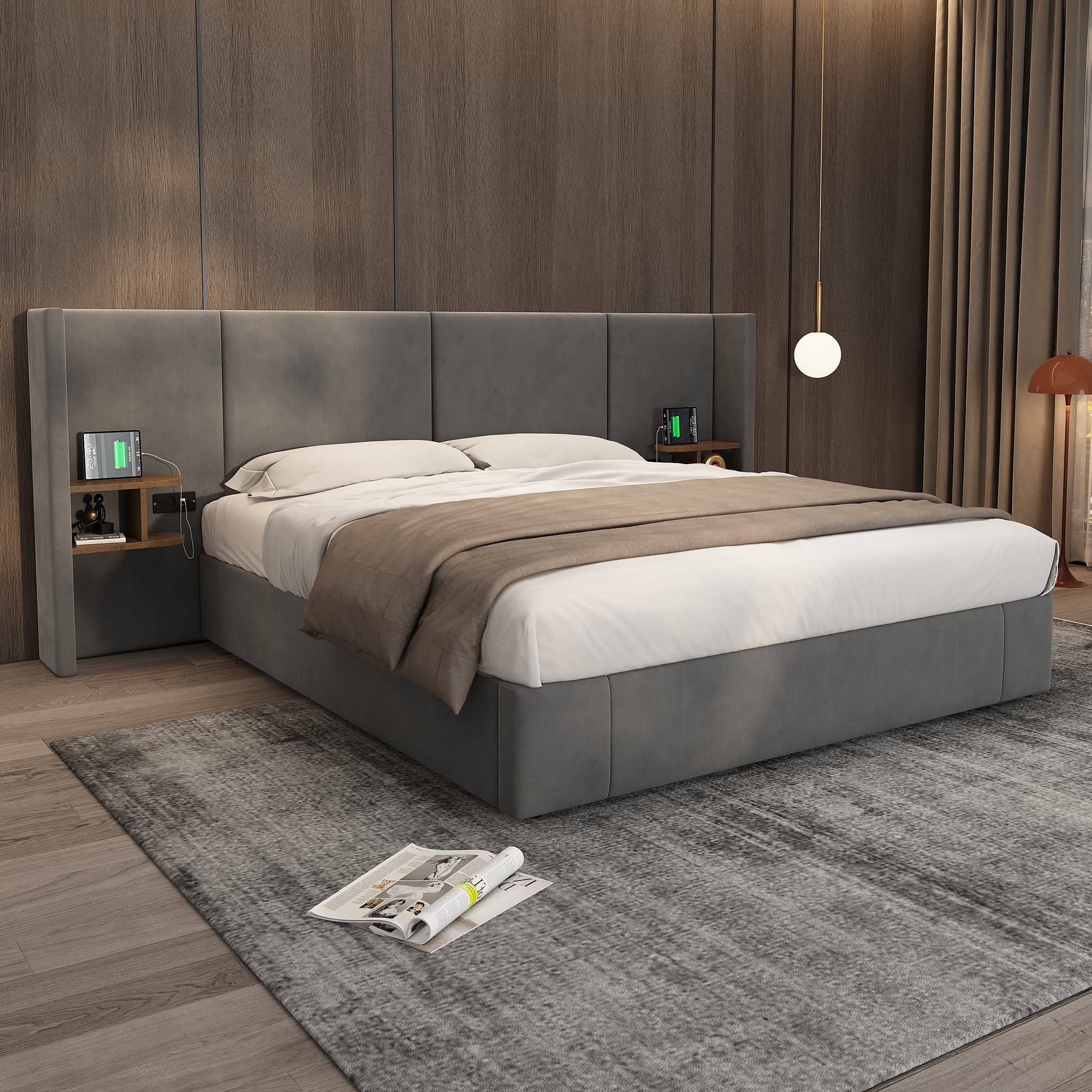 Upholstered King Size Ottoman Bed in Grey Velvet with USB Ports & Sockets - image 1