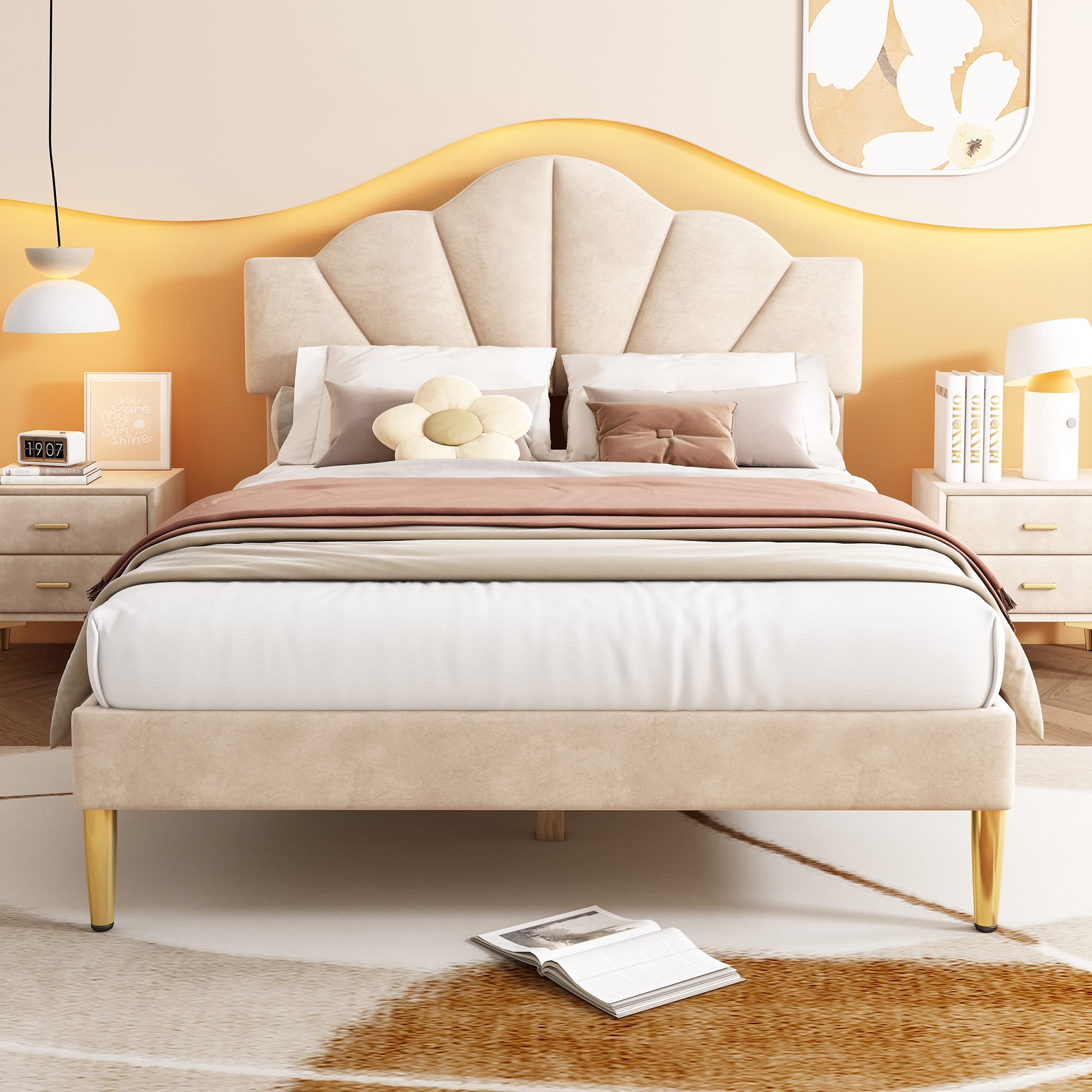 Velvet Upholstered Double Bed with Shell Headboard in Beige (4ft6) - image 3