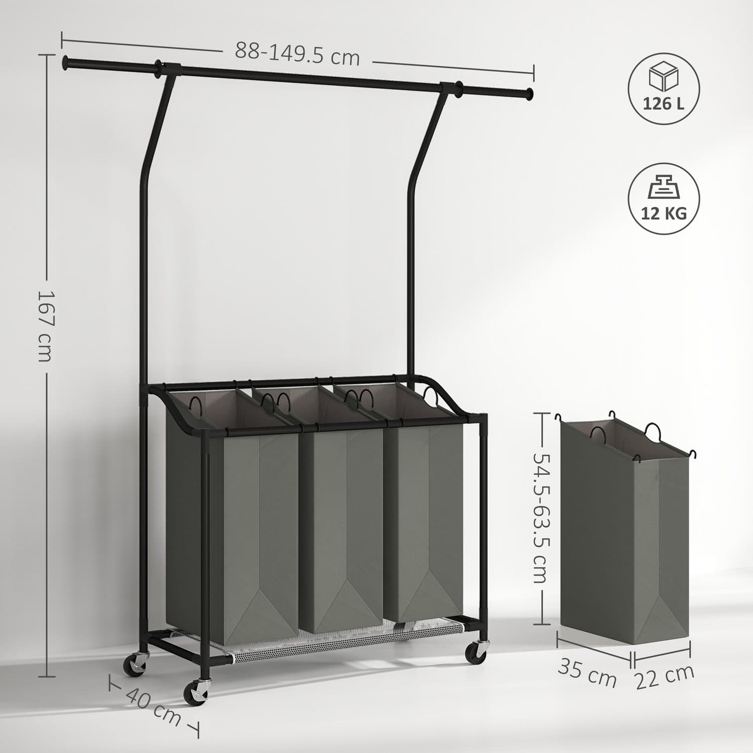 3-Bag Laundry Sorter with Hanging Rail and Wheels - image 2