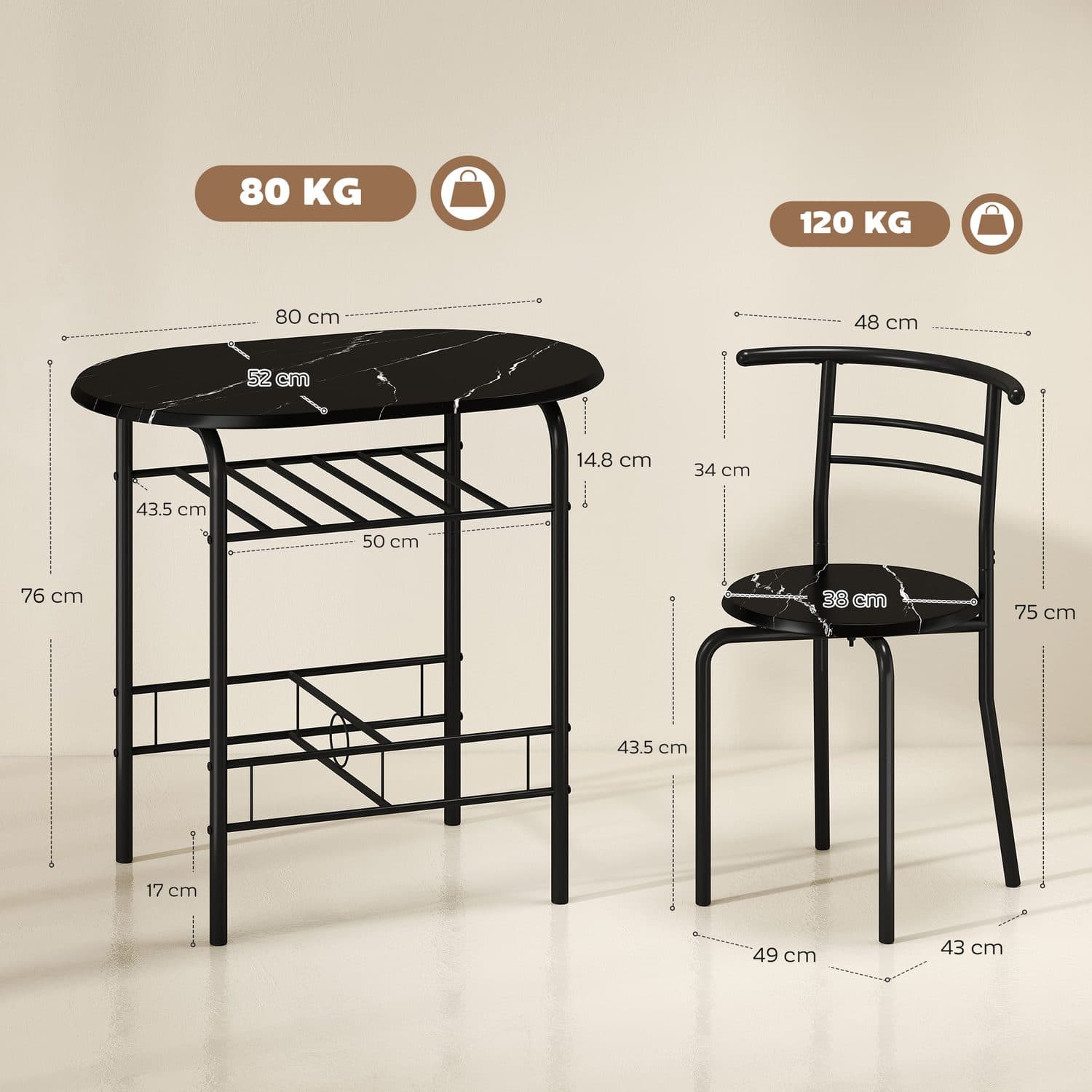 Compact Black Dining Set for Two with Storage Shelf - image 3