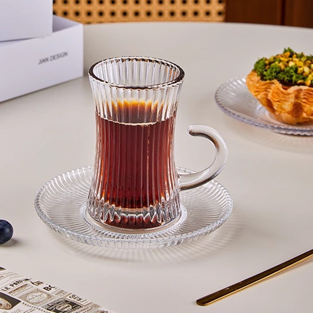 Set of 6 Ribbed Glass Tea Cups with Handles and Saucers - image 6