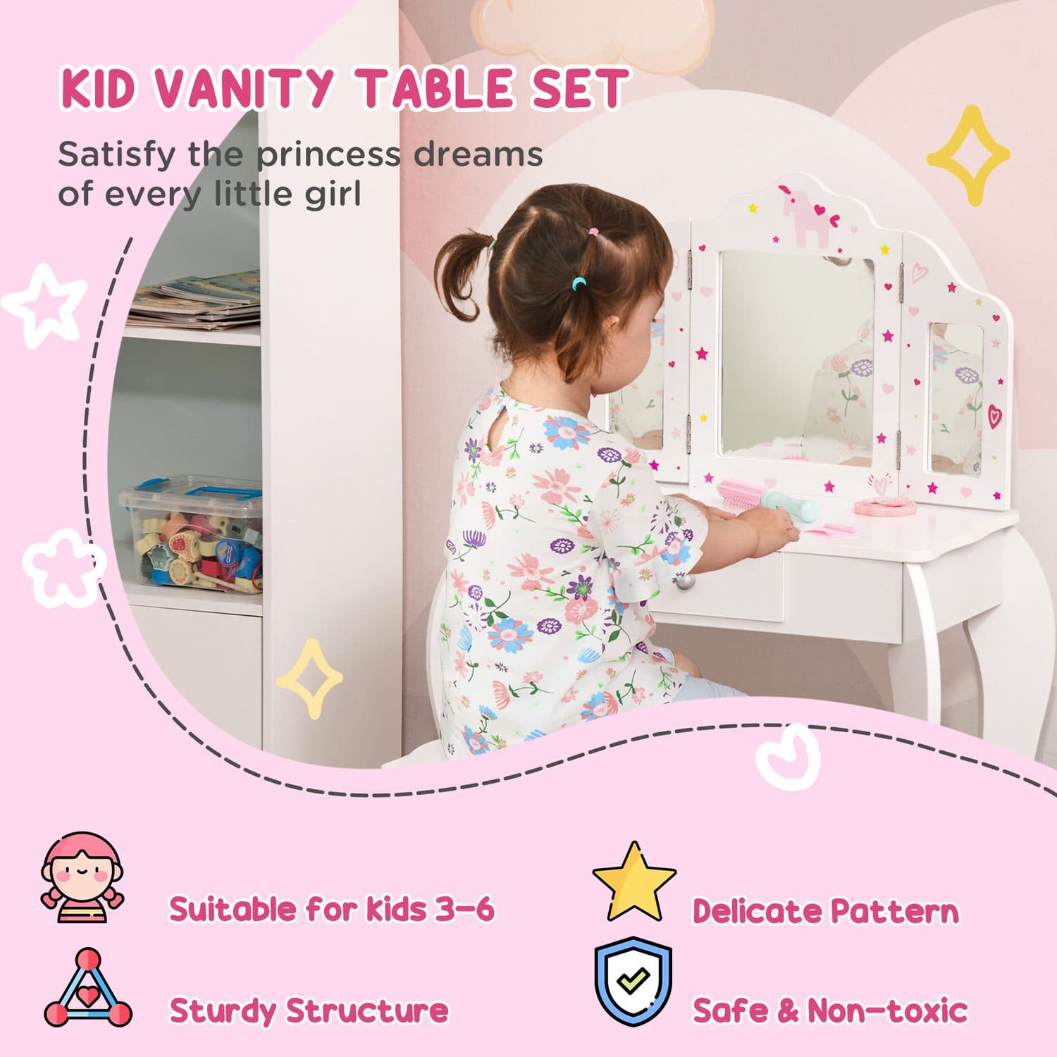 Kids Dressing Table and Stool Set with Tri-Fold Mirror - image 3