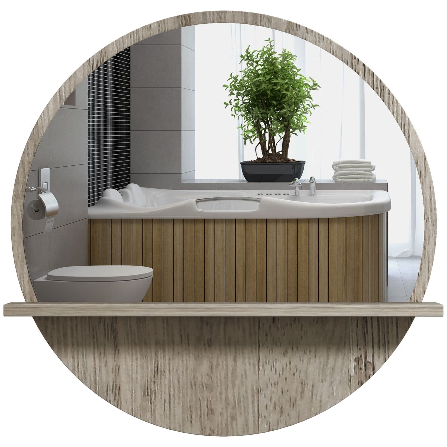 Round Grey Wood-Effect Mirror with Shelf - Grey