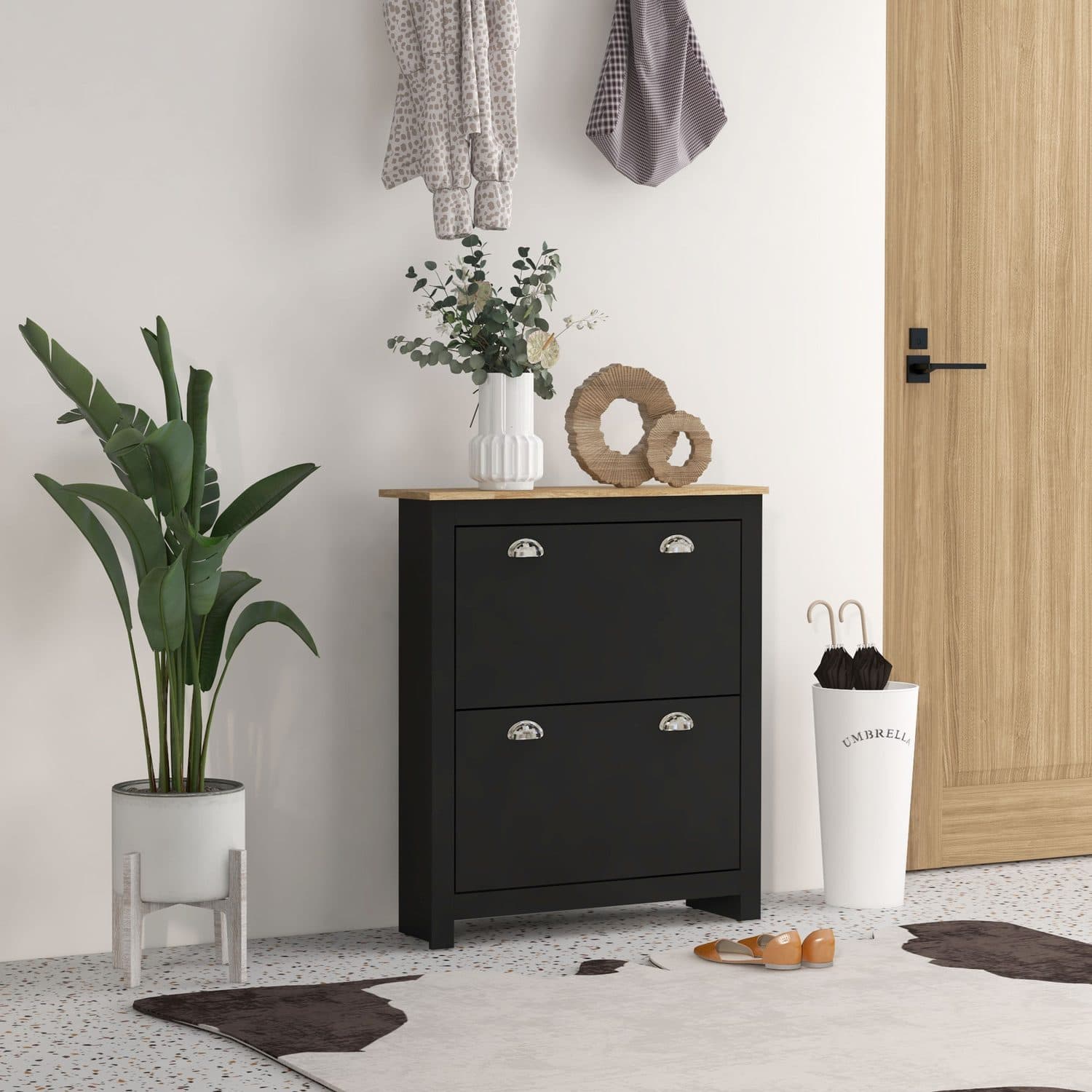 Slim Black Shoe Cabinet with Tipping Doors and Oak-Effect Top - image 5