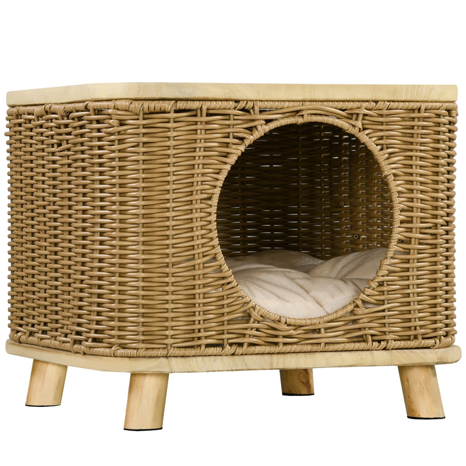 PawHut Elevated Wicker Cat House, Light Brown
