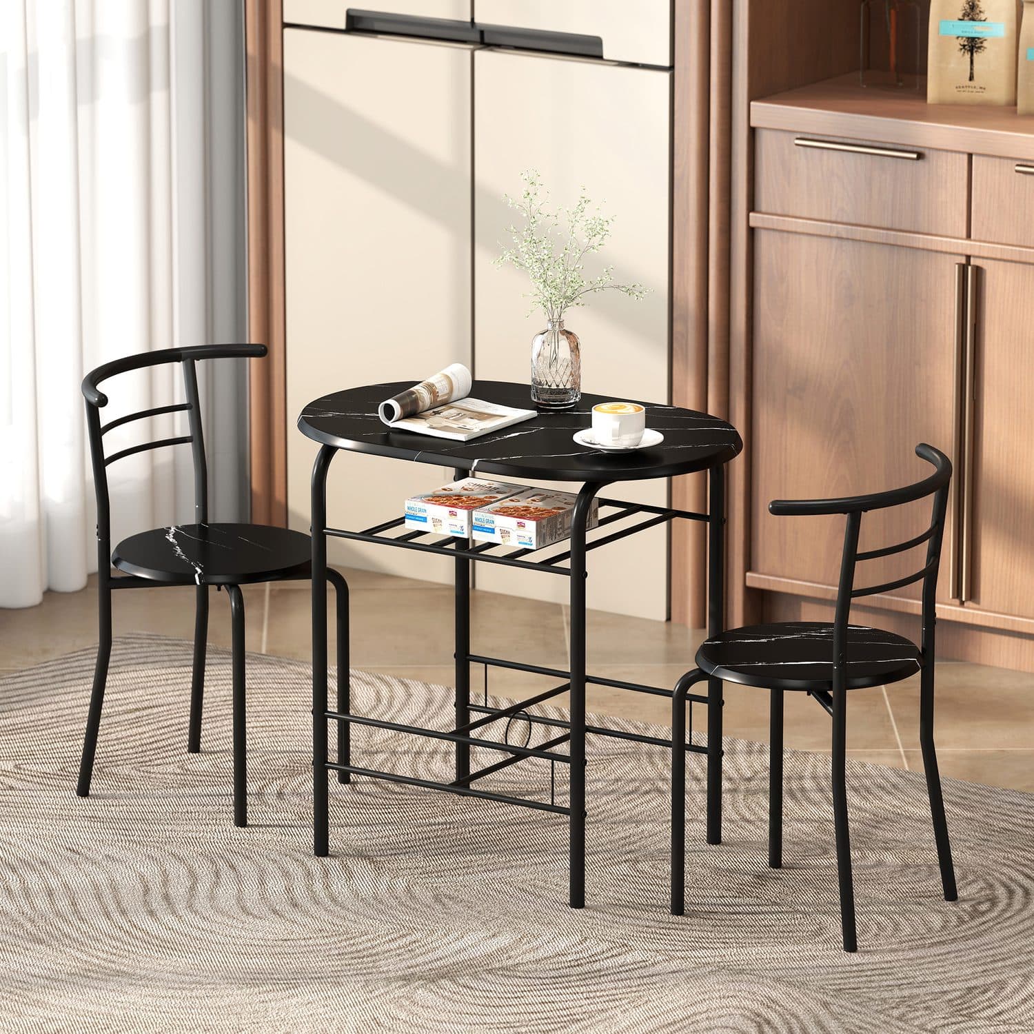 Compact Black Dining Set for Two with Storage Shelf - image 4
