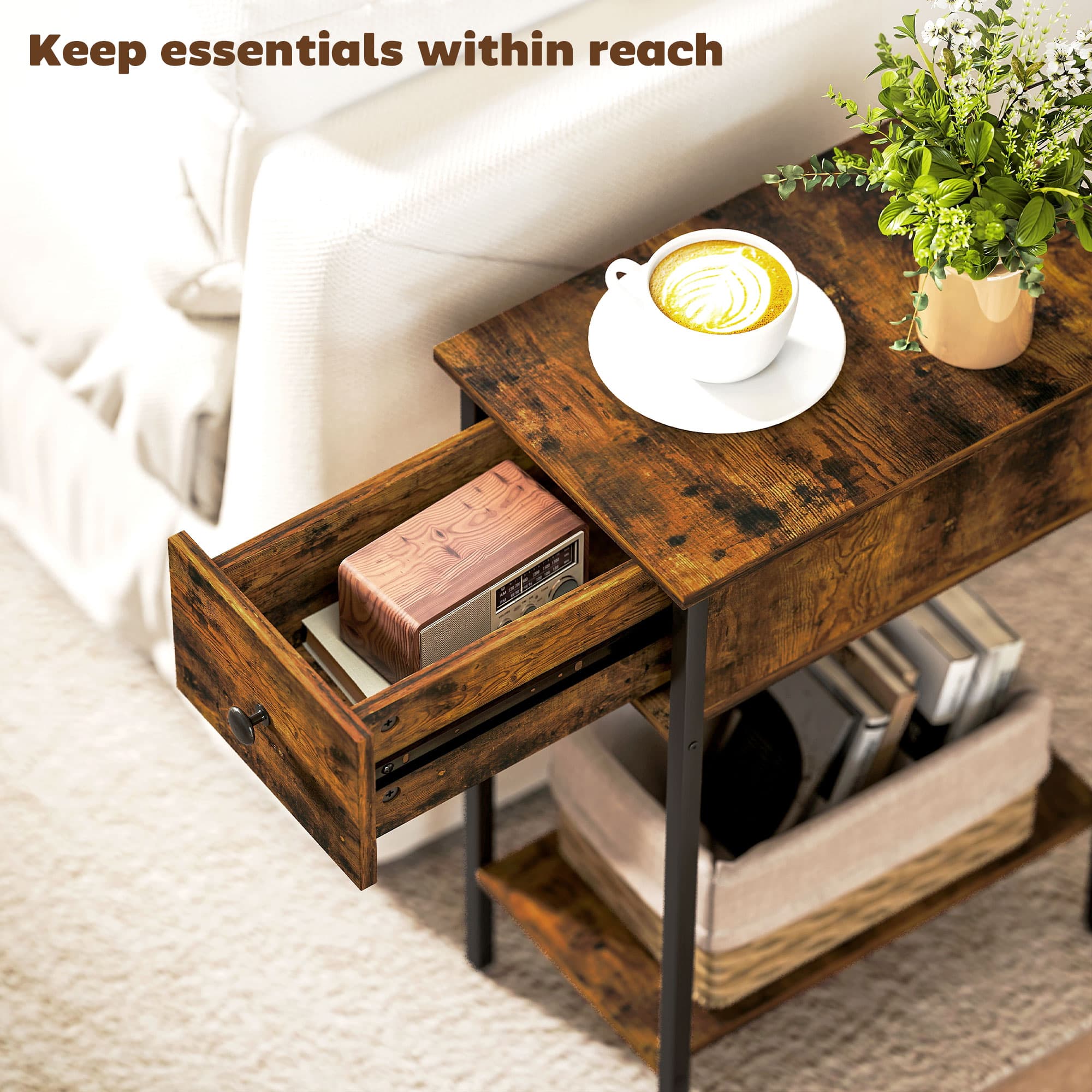 Slim Industrial Side Table with Drawer and Open Storage Shelf - image 2