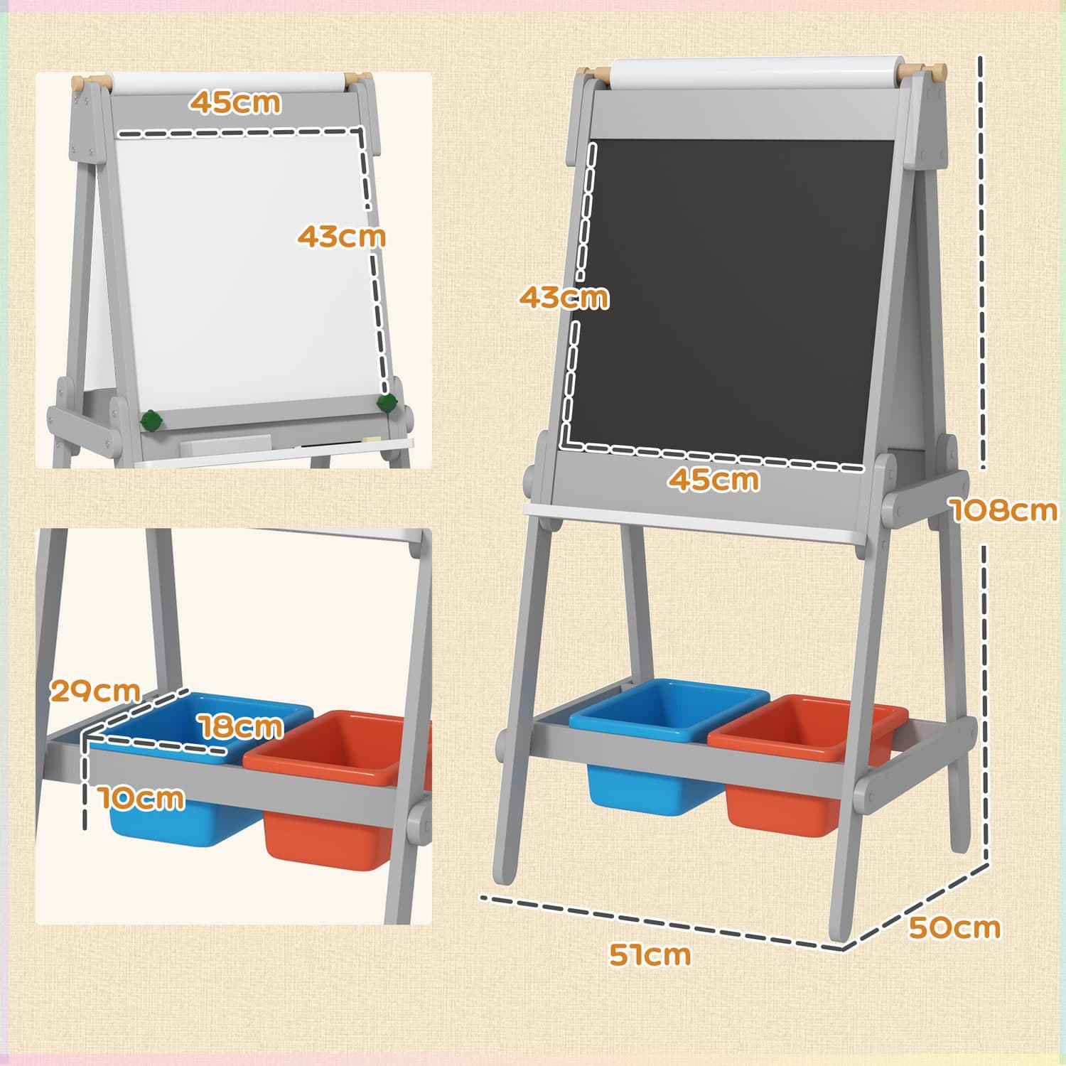 Grey Double-Sided Kids Art Easel With Chalkboard and Storage Bins - image 3