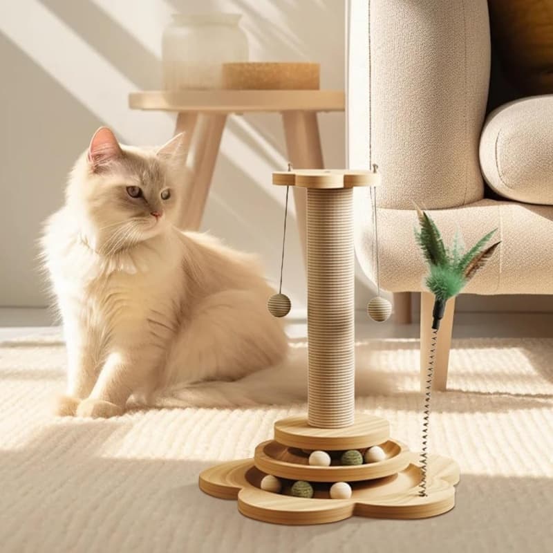 Solid Wood Cat Turntable with Scratching Post and Ball