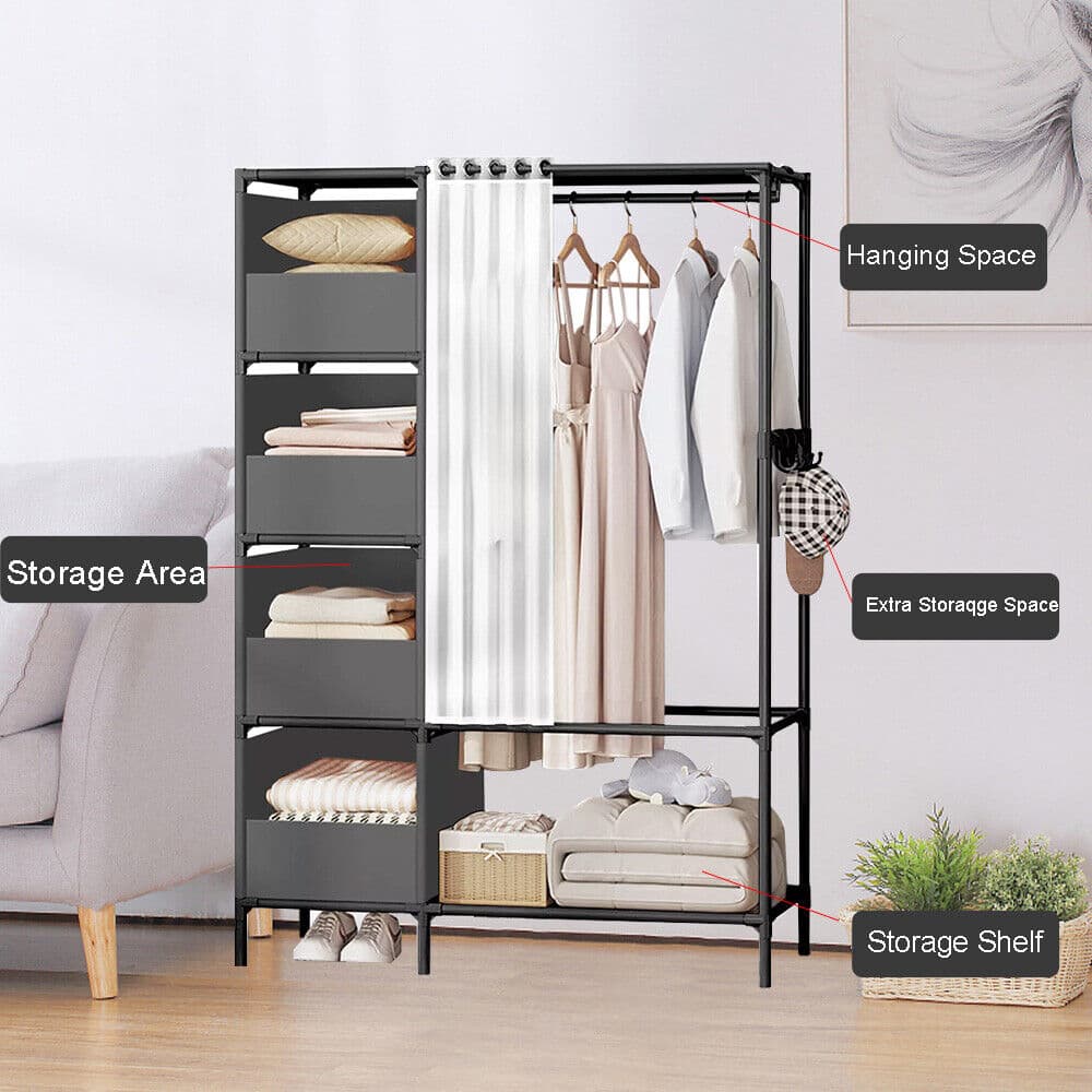Freestanding Metal Wardrobe with Fabric Shelves and Curtain Rail - image 7