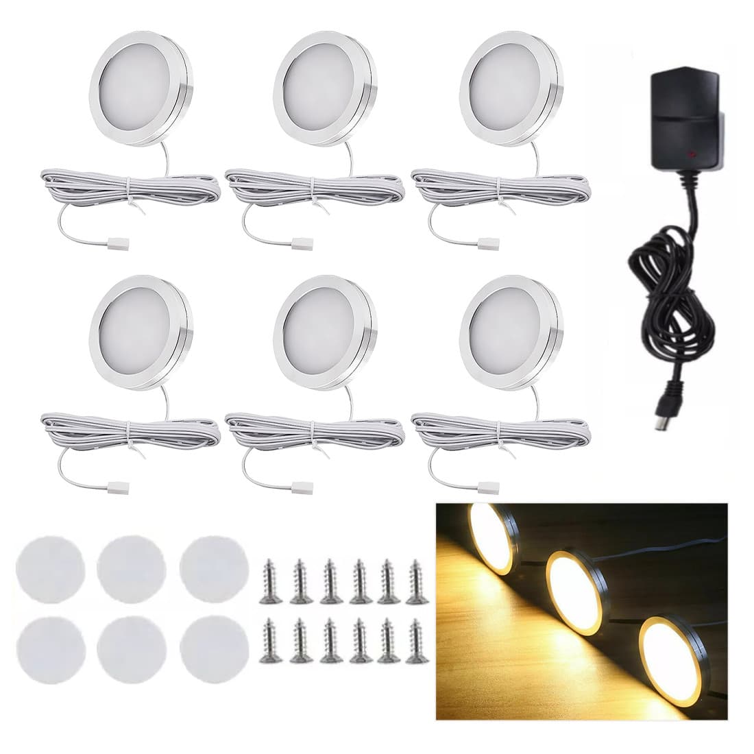 Warm White LED Under Cabinet Puck Light Kit - 6PCS Warm White