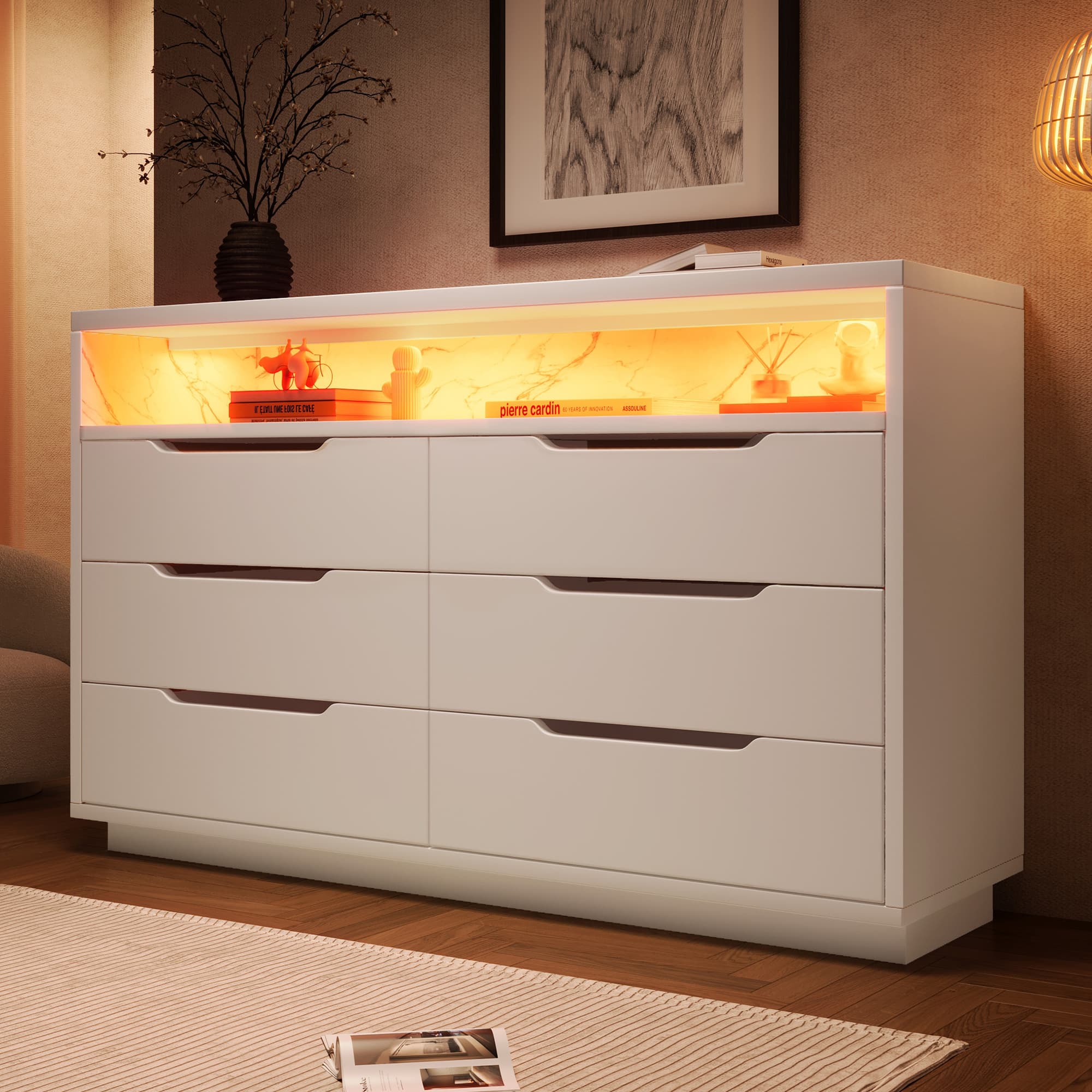 White Marbled 6-Drawer LED Sideboard