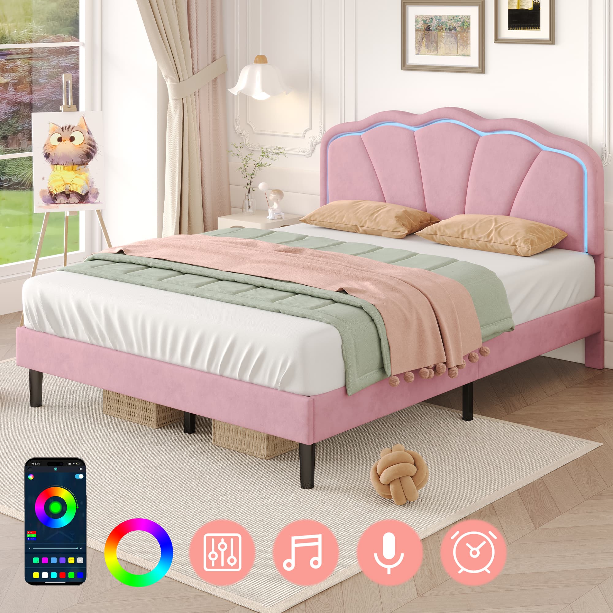 Pink Velvet LED Double Bed