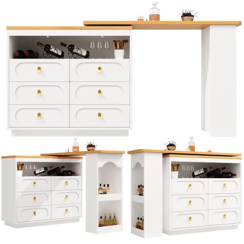 Rotating & Extending Bar Table with 6 Drawers, White - image 12