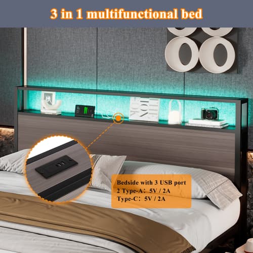 Modern Single Metal Bed with Storage, LED Lights & USB Charging Ports - image 25