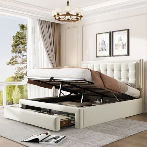 Elegant Cream Velvet Double Bed with Smart Under-Bed Storage - image 16