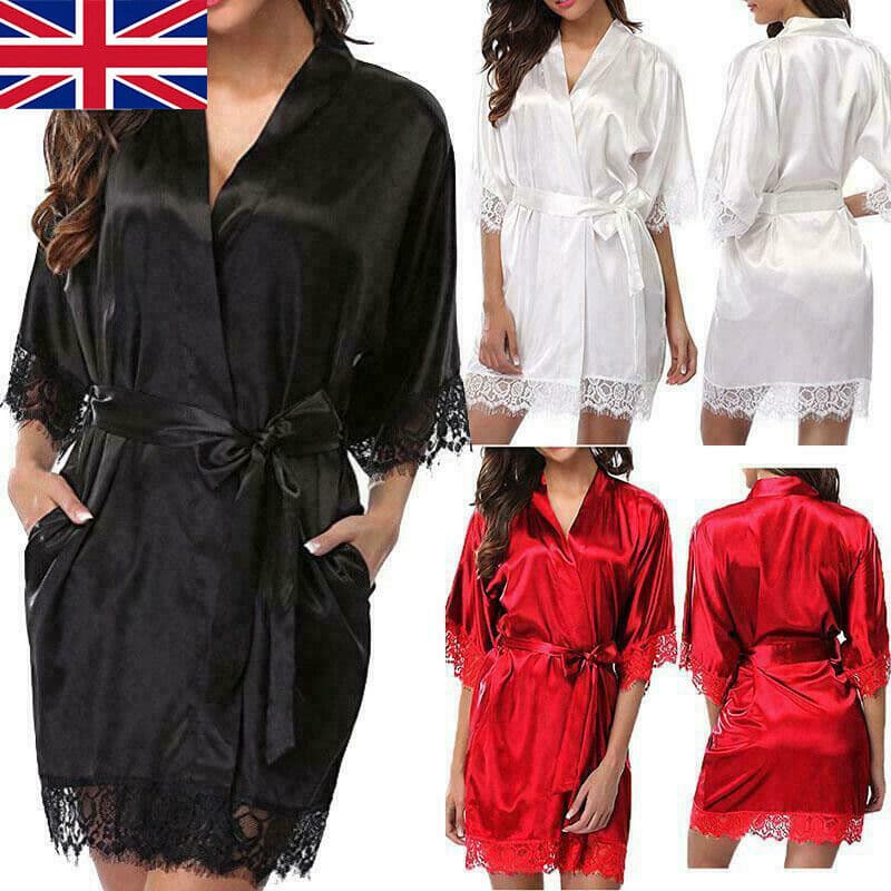 Satin Kimono Robe with Lace Cuffs in Deep Red - image 13