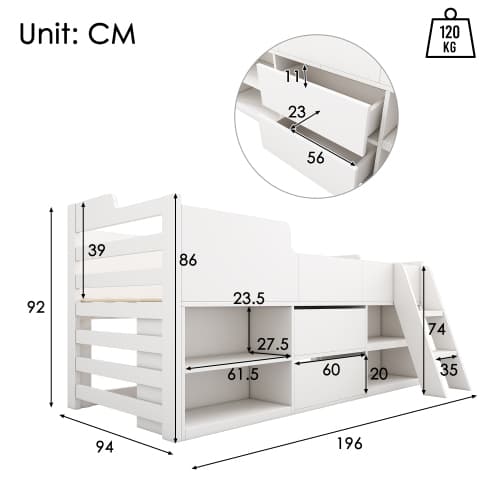Children's White Mid Sleeper Bed with Drawers & Shelves - image 11