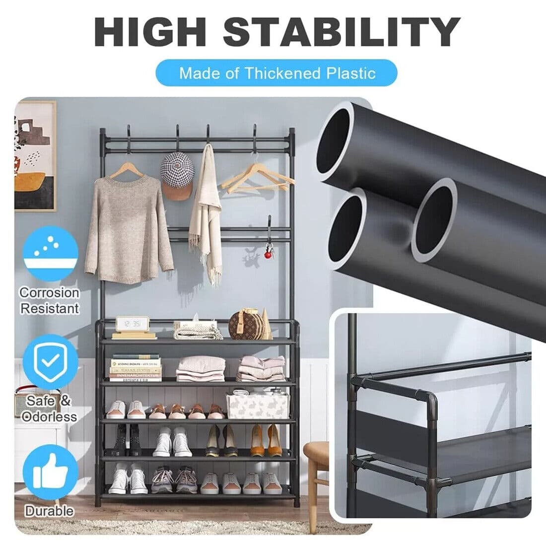 Metal Coat Stand with Shoe Rack — Multi-Hook Hallway Organiser - image 19
