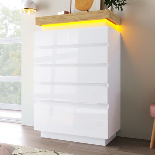 Modern White High Gloss Chest of 6 Drawers with LED Lighting - White