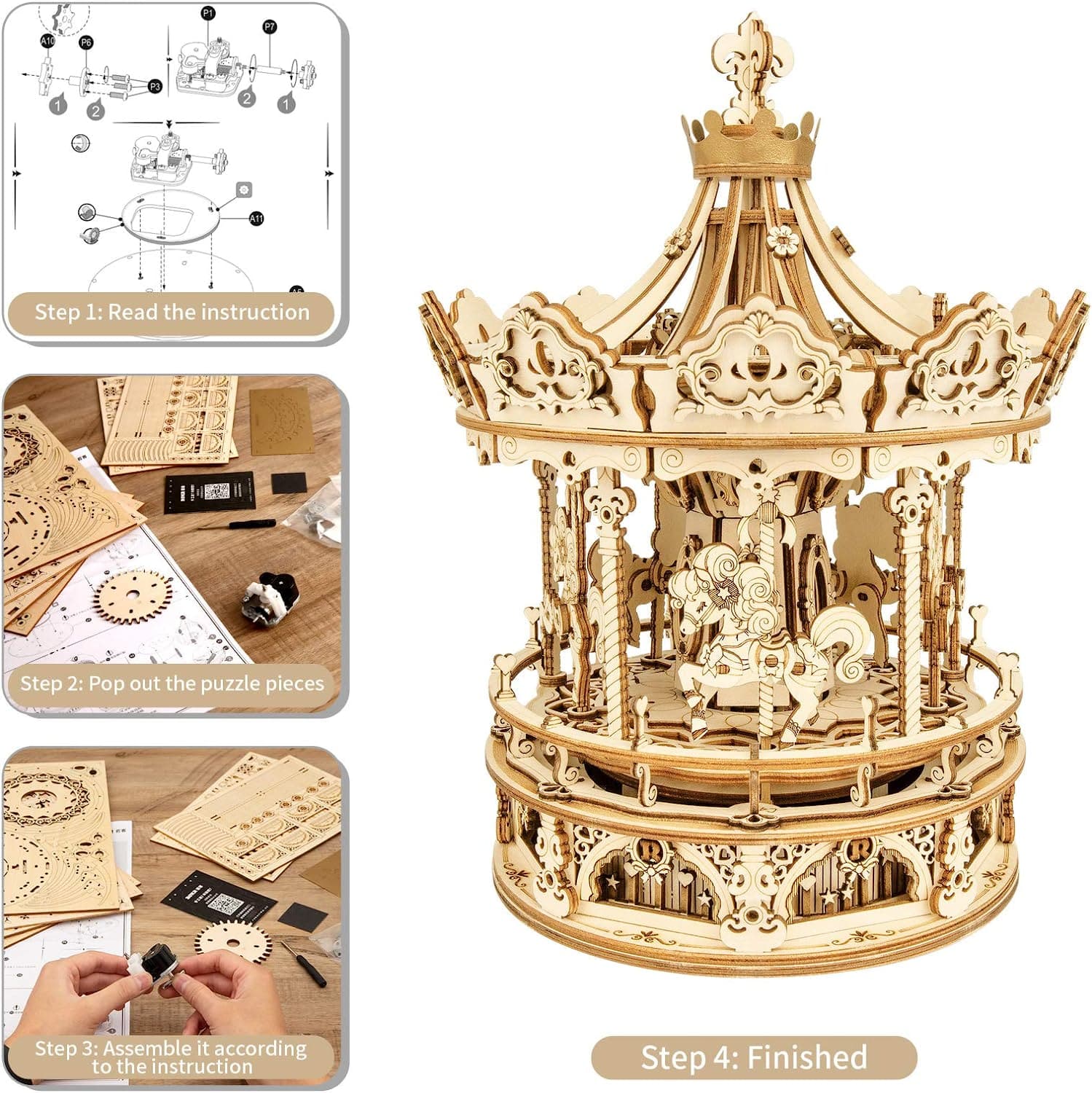 Romantic Carousel 3D Wooden Puzzle Music Box - image 13