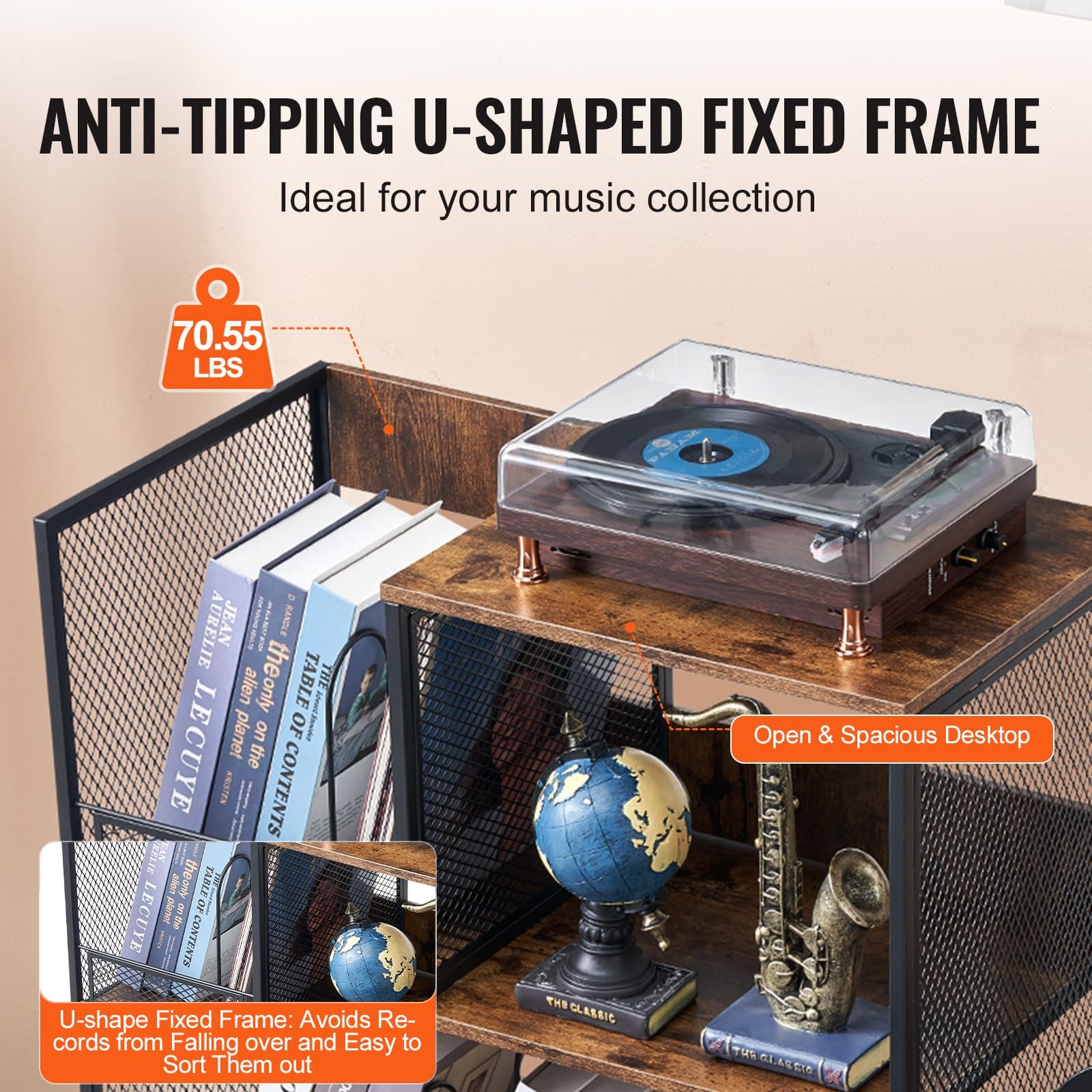 Record Player Stand for Turntables, Vinyl & 2 Guitars | Vintage Style - image 4