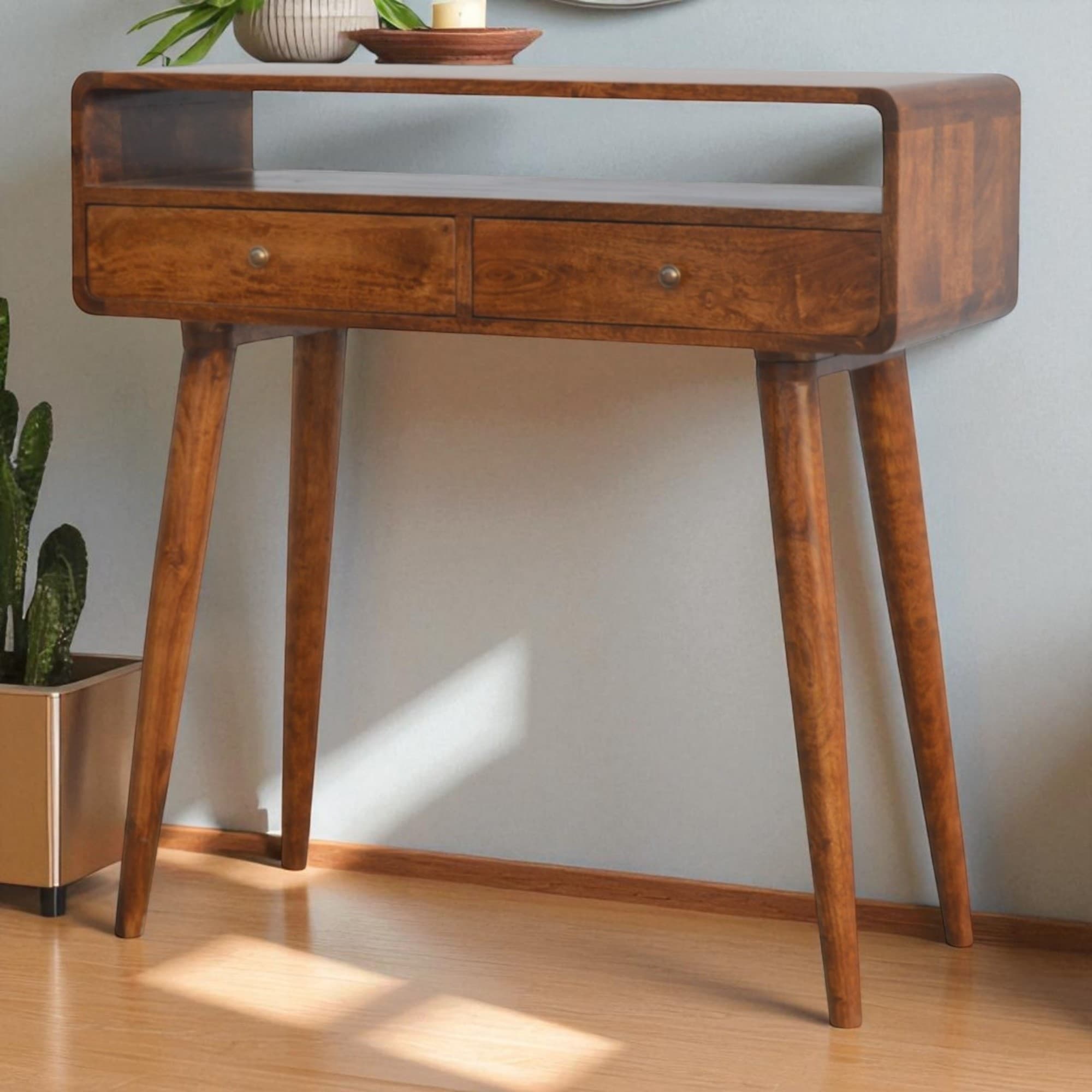 Elevate Your Hallway with a Curved Chestnut Console Table