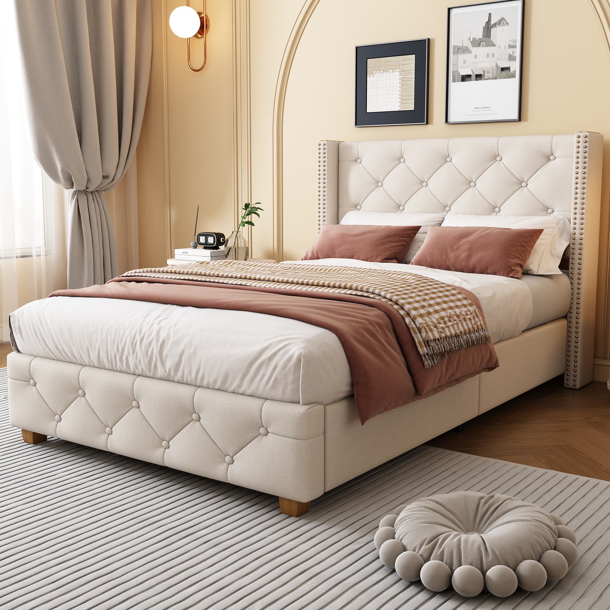 Elegant Upholstered Single Bed with Button & Rivet Headboard
