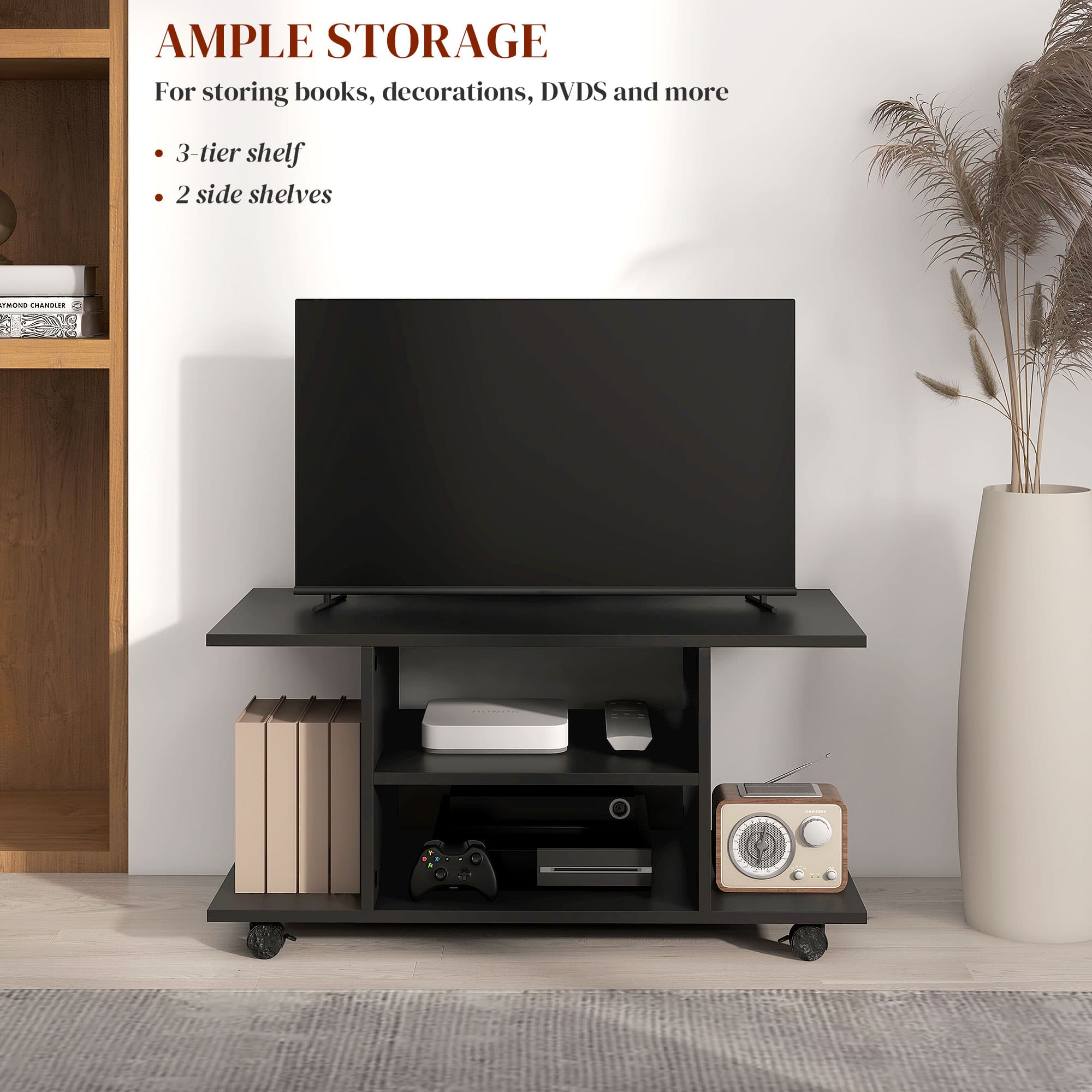 Mobile TV Stand with Open Storage Shelves and Braked Wheels - image 10