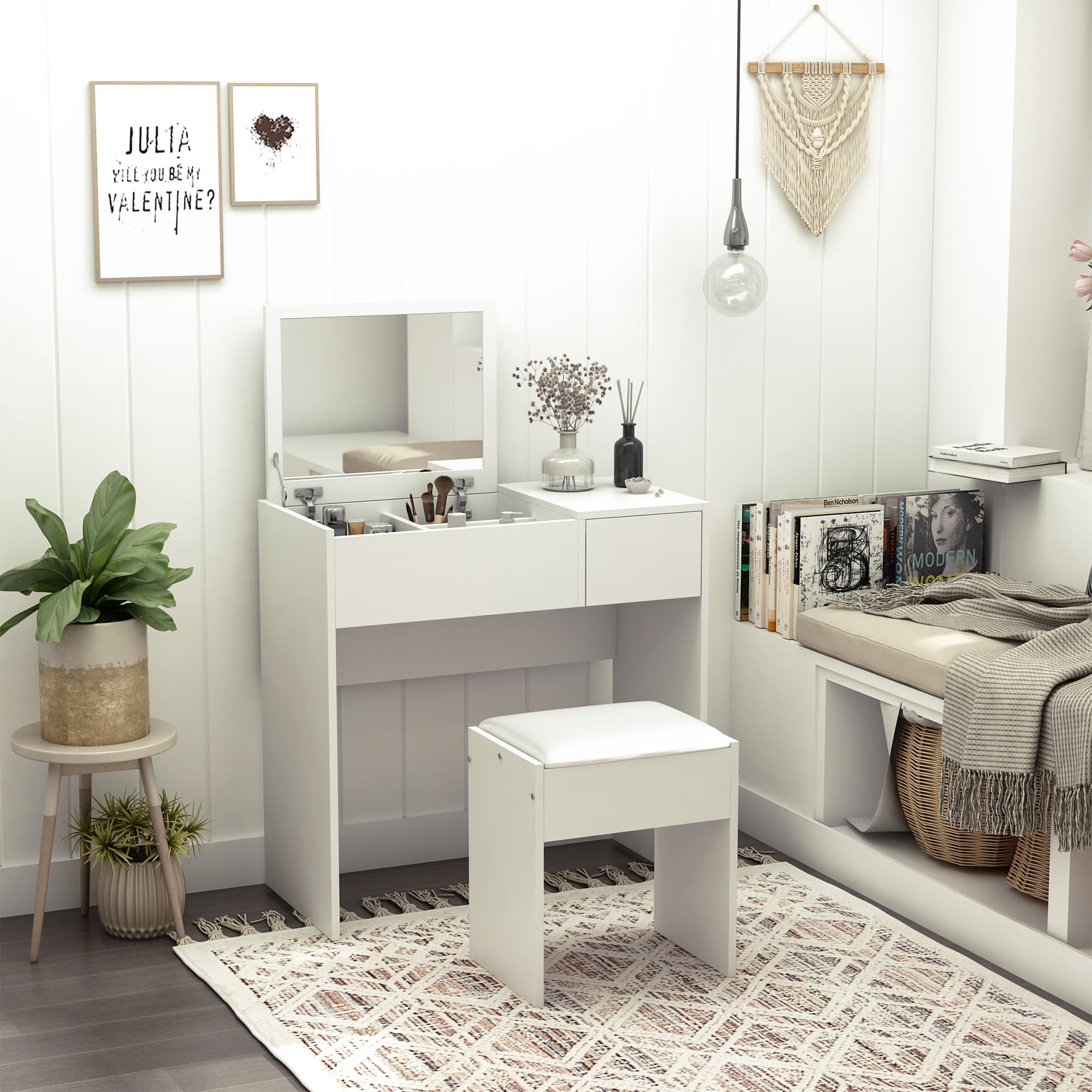 Elegant White Vanity Table Set with Concealed Flip-Up Mirror - White
