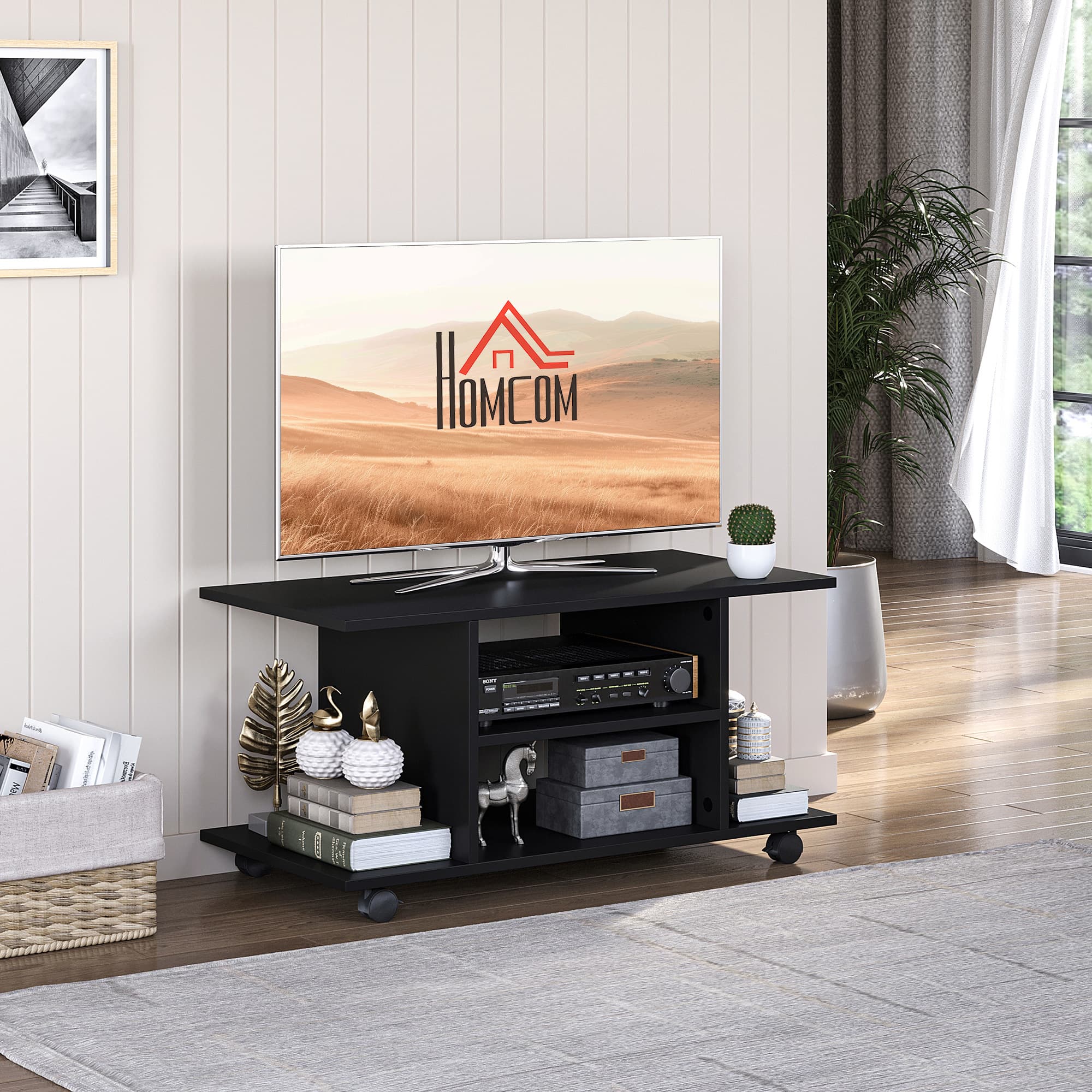 Mobile TV Stand with Open Storage Shelves and Braked Wheels - image 6